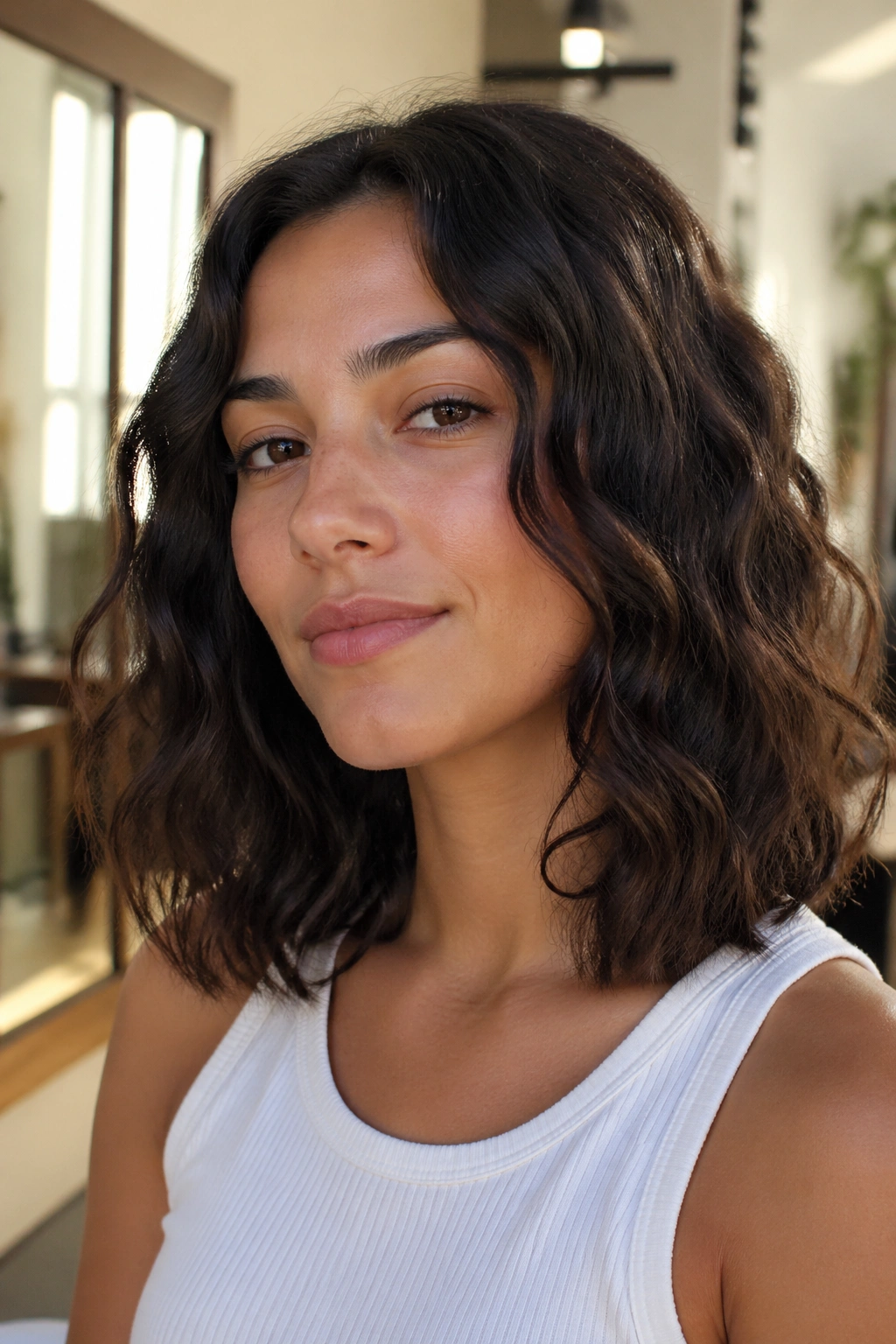 Close-up of a real woman with defined 2B shoulder-length waves.
