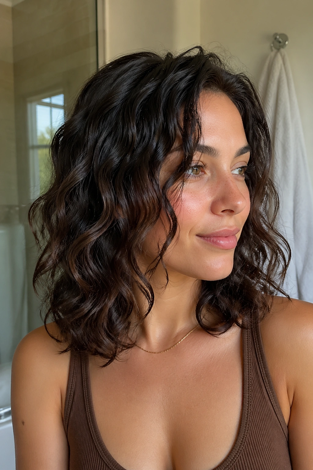 Portrait of a woman with mid-length 2C waves and interior layering