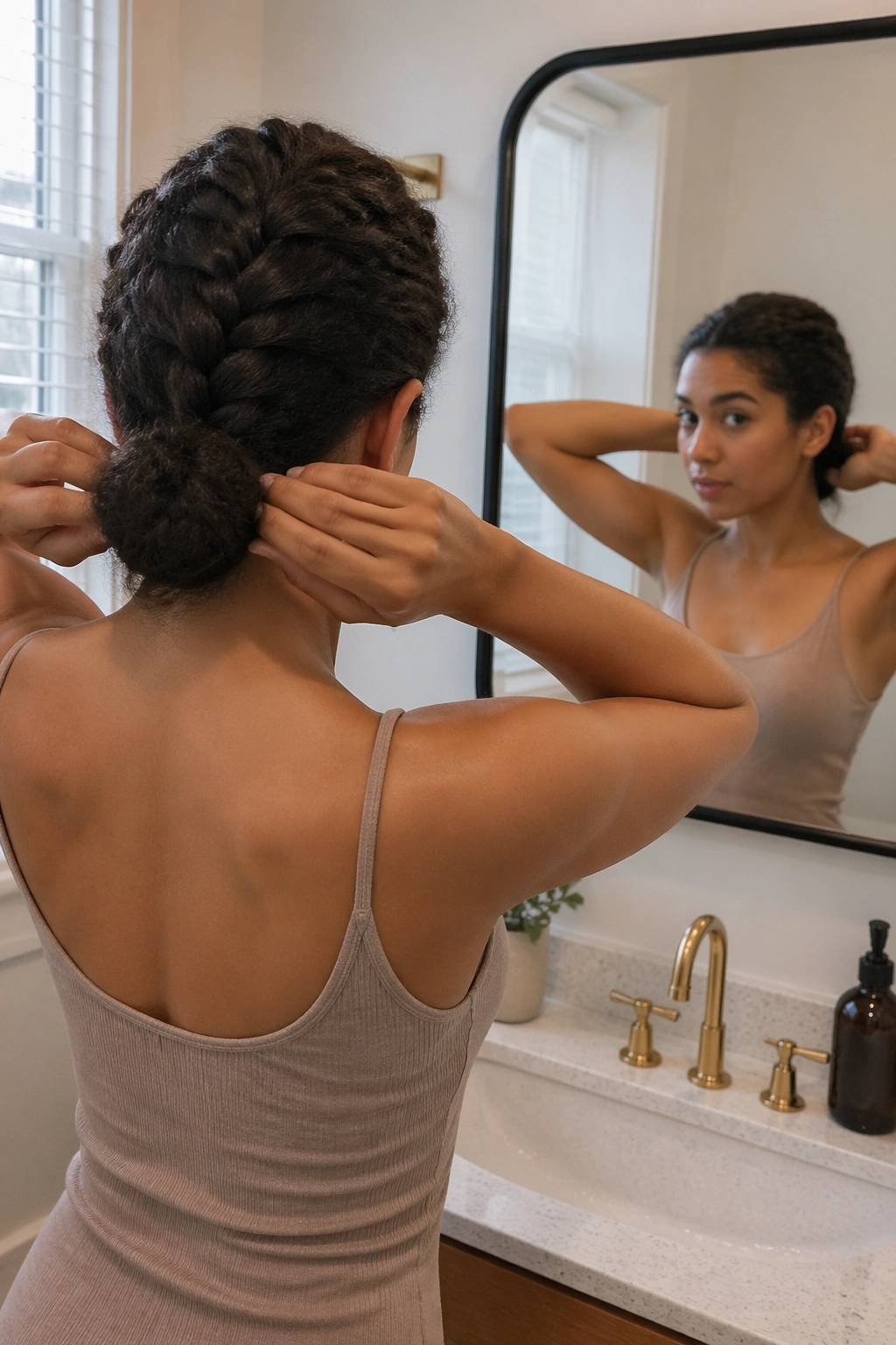 Mirror view of French braid forming into a low bun