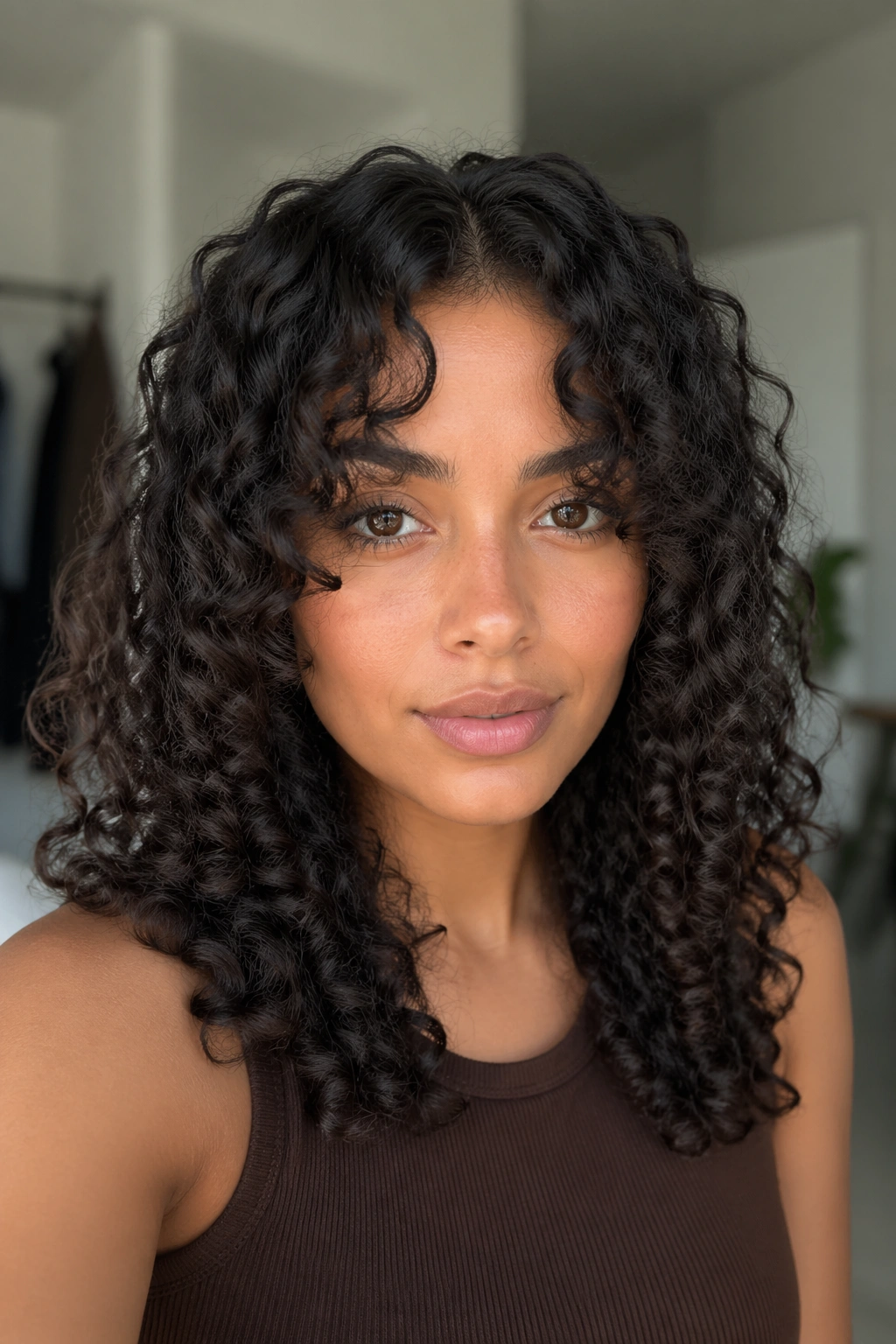 Portrait of a real woman with 3B curls and classic soft curtain bangs