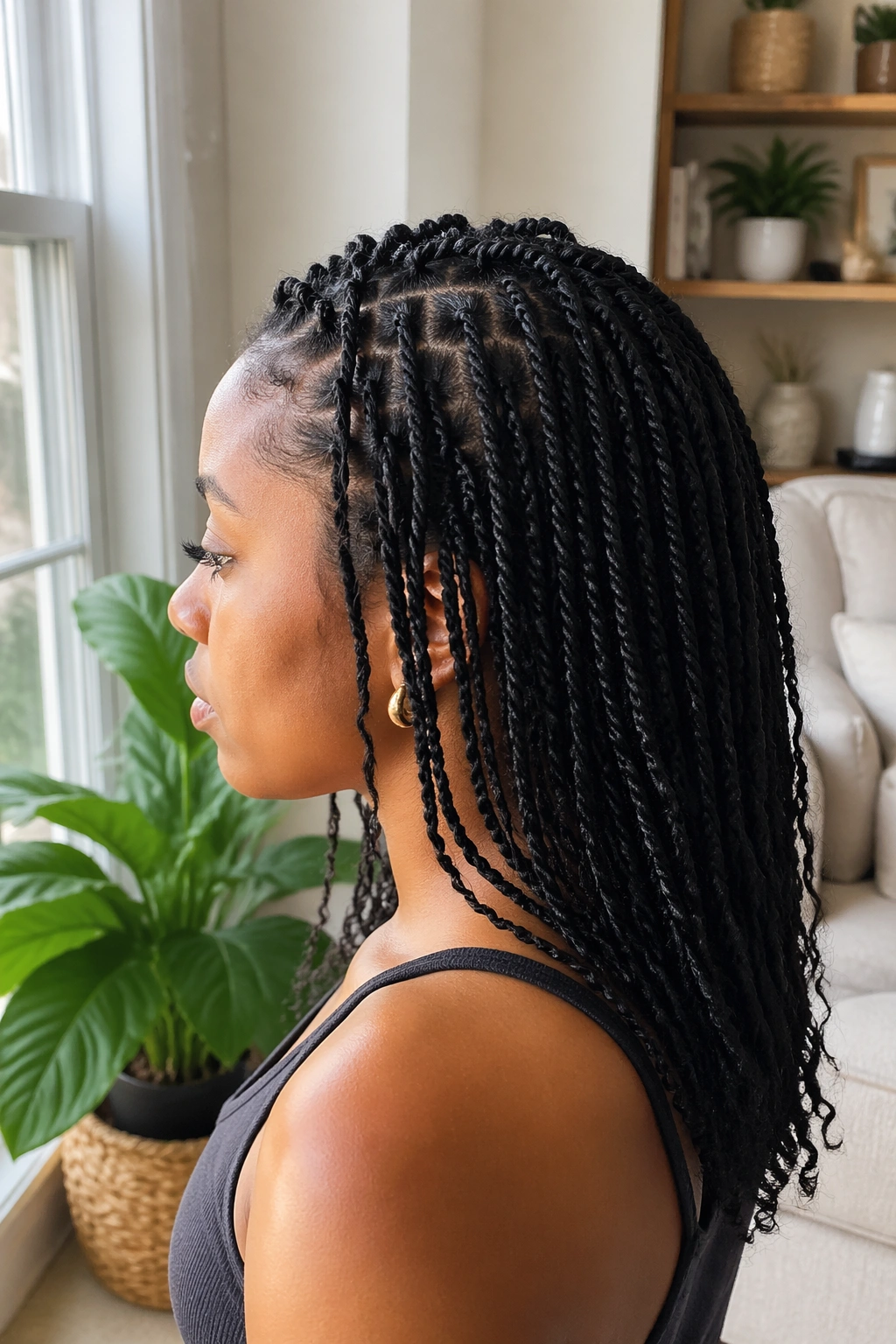 Side-profile of mini twists on 3b curls by a window