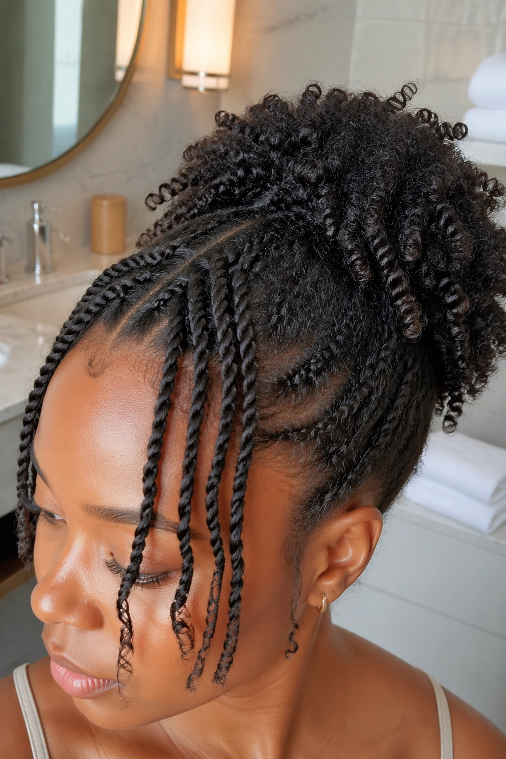 Close-up of mini twists into a puff hairstyle on 3b curly hair.