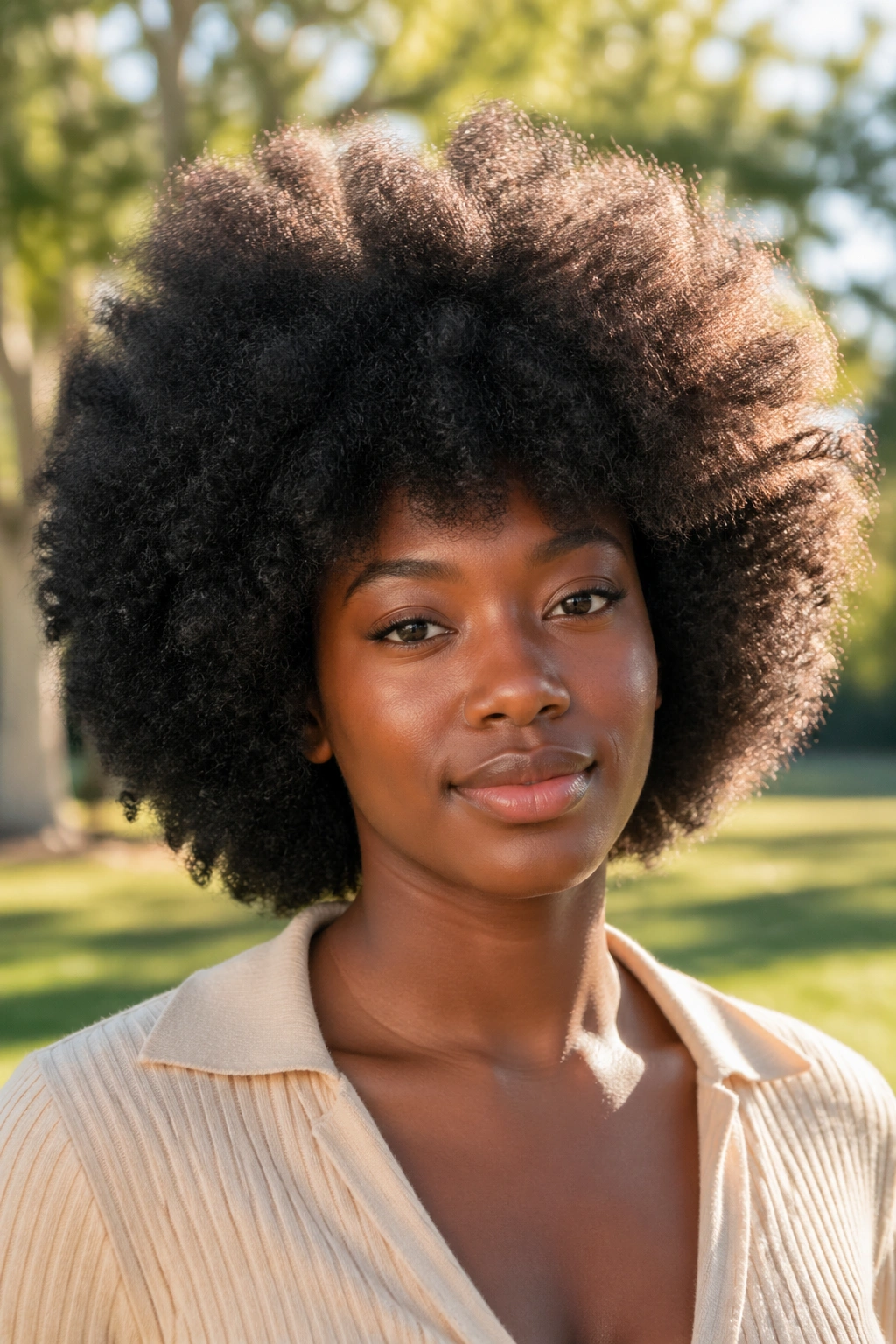 Close-up of a real person with a dense brushed-out 4C afro