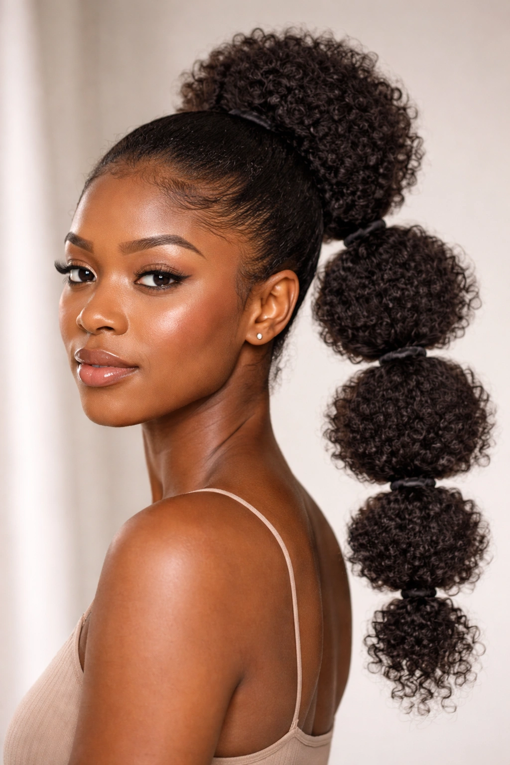 Bubble ponytail on 4C coils showing defined bubbles and plush texture.
