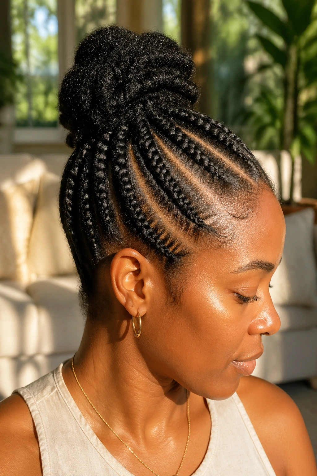 Close-up of a Black woman with 4C hair texture and cornrow bun