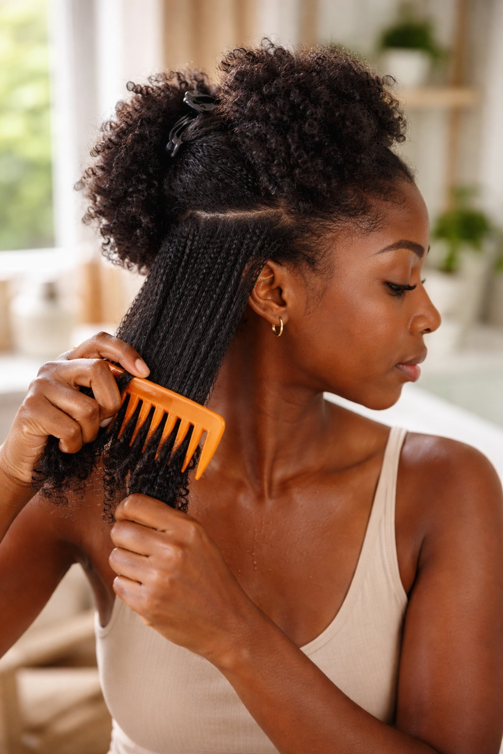 Woman detangling damp 4C hair with a wide-tooth comb