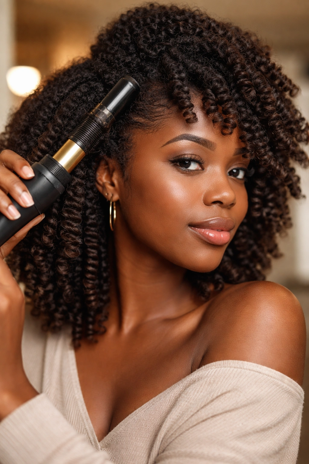 Close-up of a real woman using a curling wand on 4C hair with warm lighting