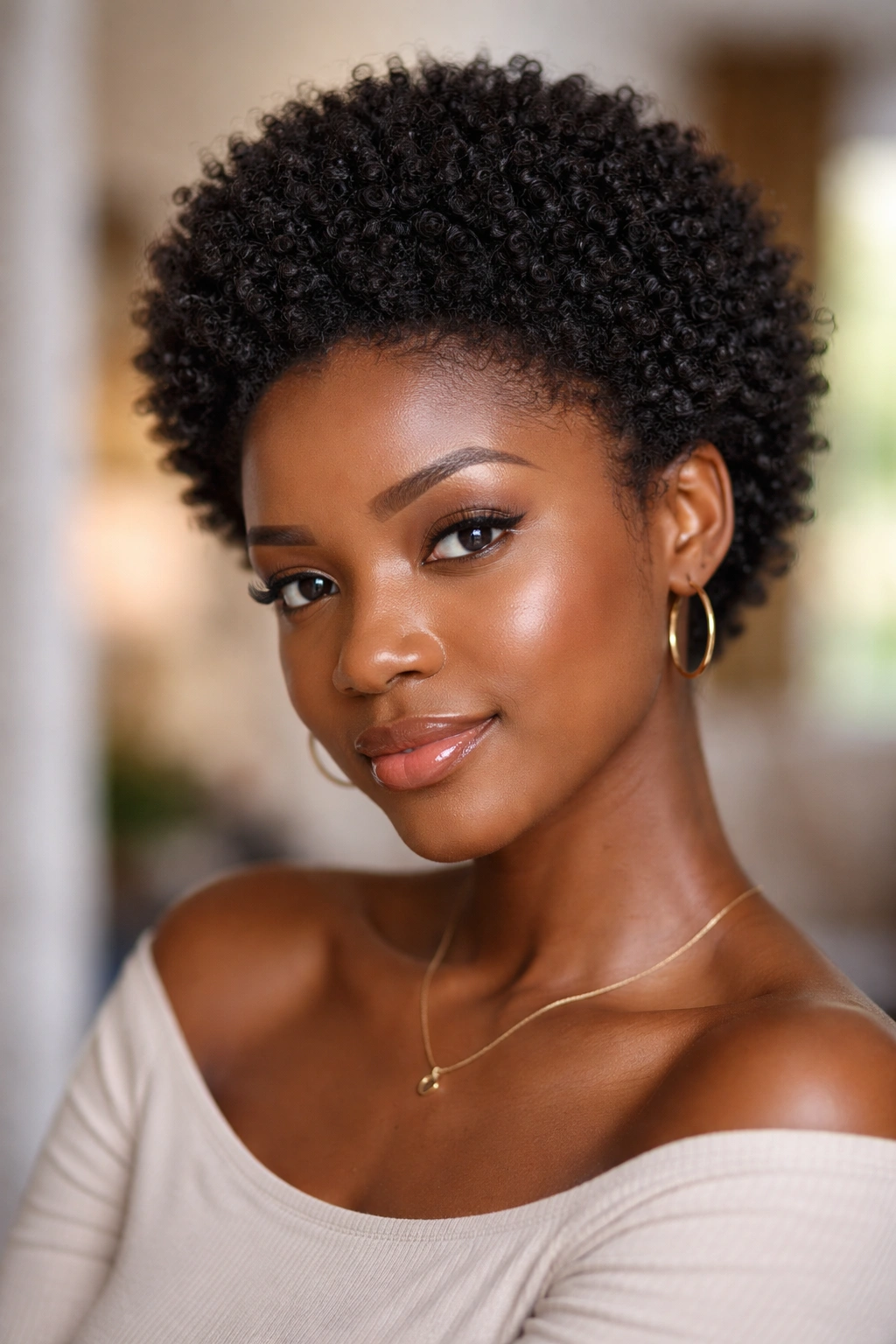 Portrait of a Black woman with a small afro showing light product shine
