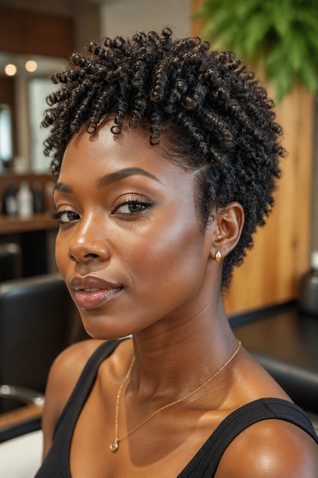 Close-up of a real person with defined short curl cut for 4C hair and tight coils