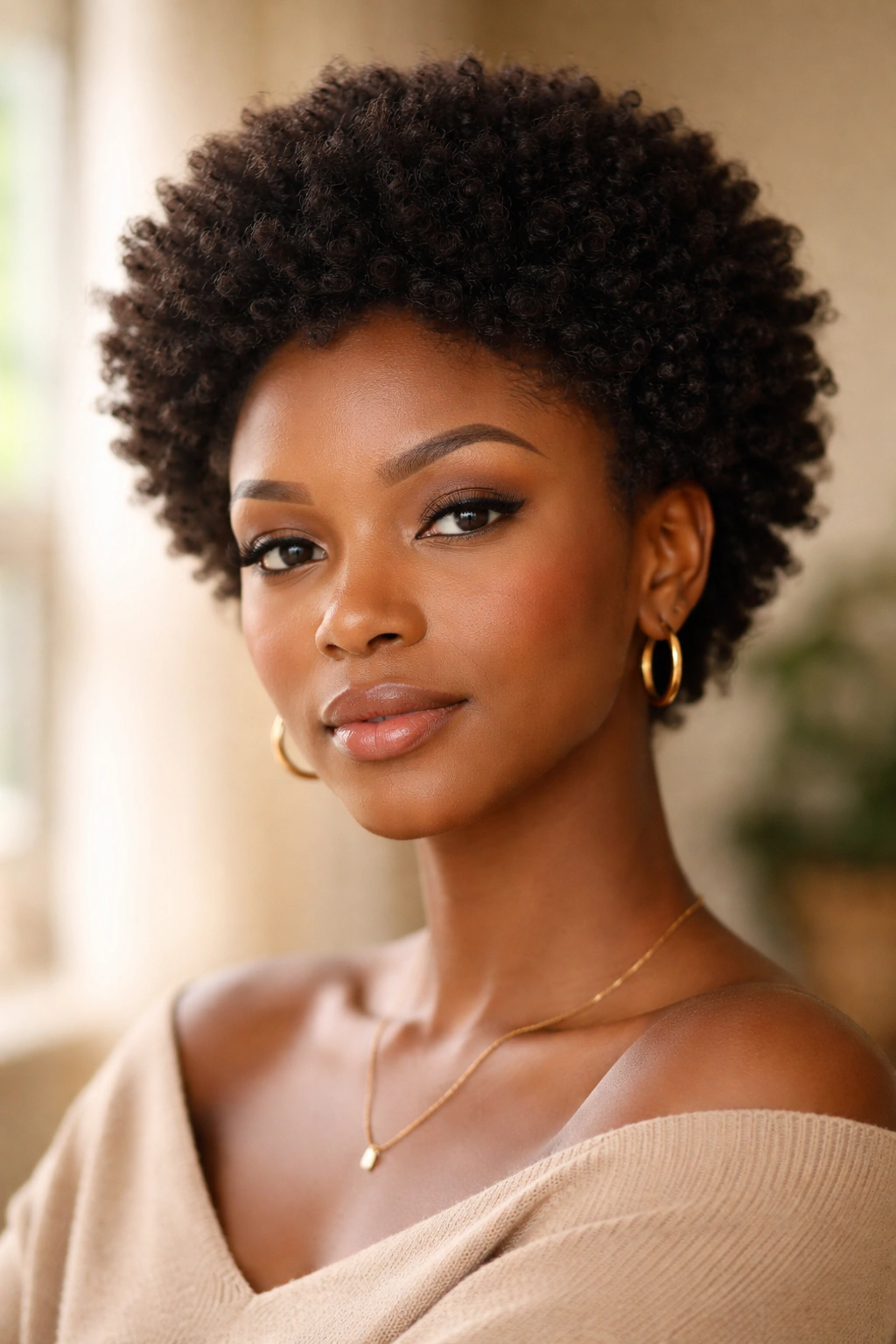 Close-up portrait of a Black woman with a small afro and defined curls