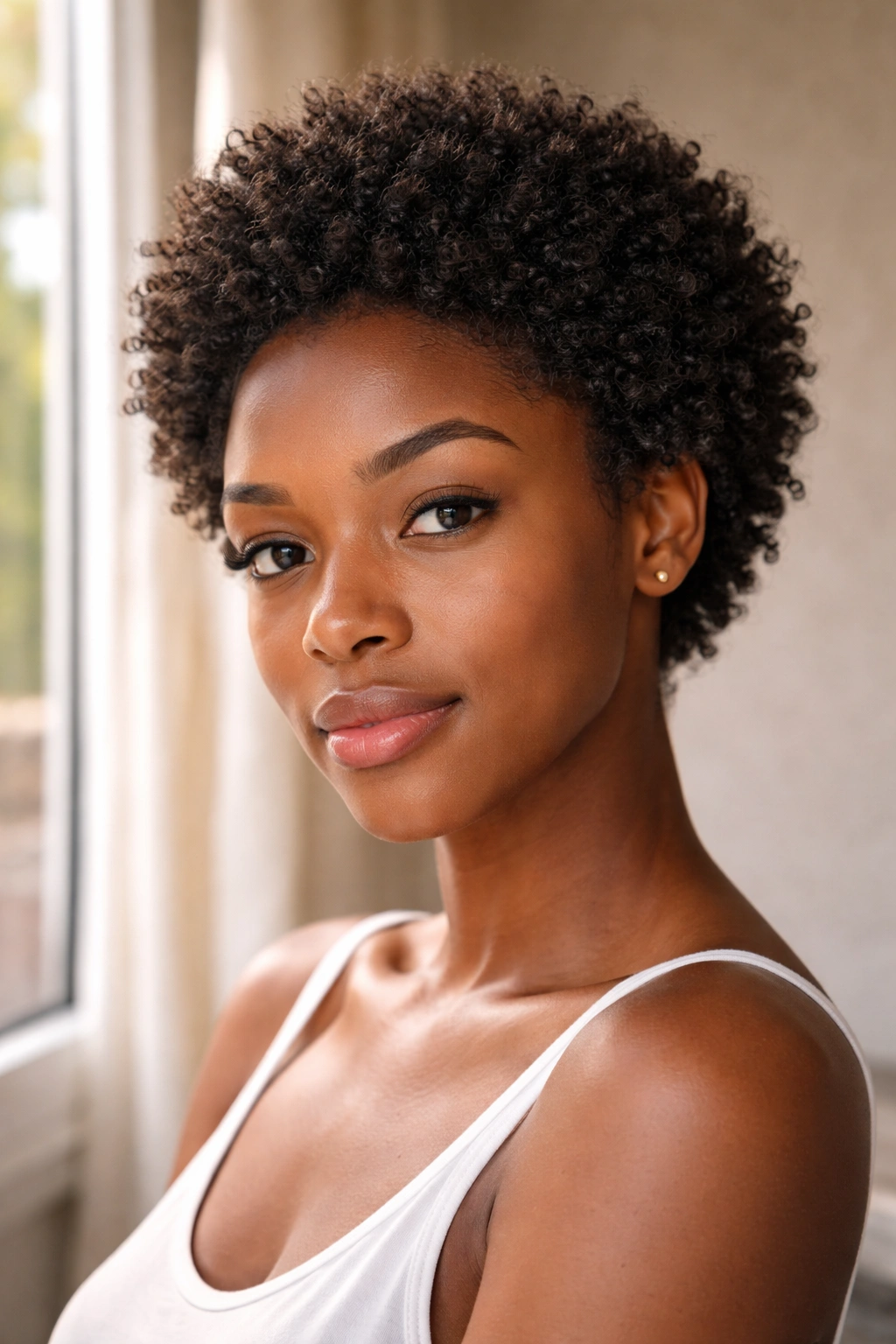 Close-up portrait of a real person with a small Afro, natural morning light.