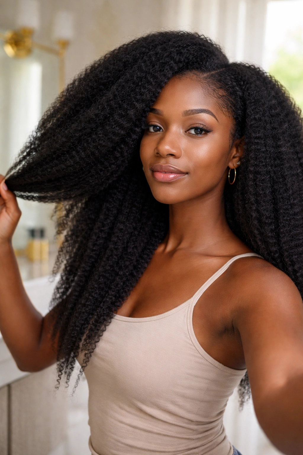 Close-up of a real woman with stretched 4C hair ready for wand curling