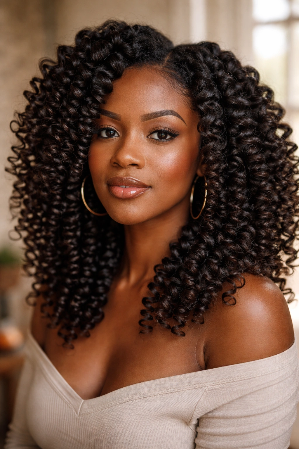 Close-up of a real woman with 4C hair styled in wand curls under soft window light