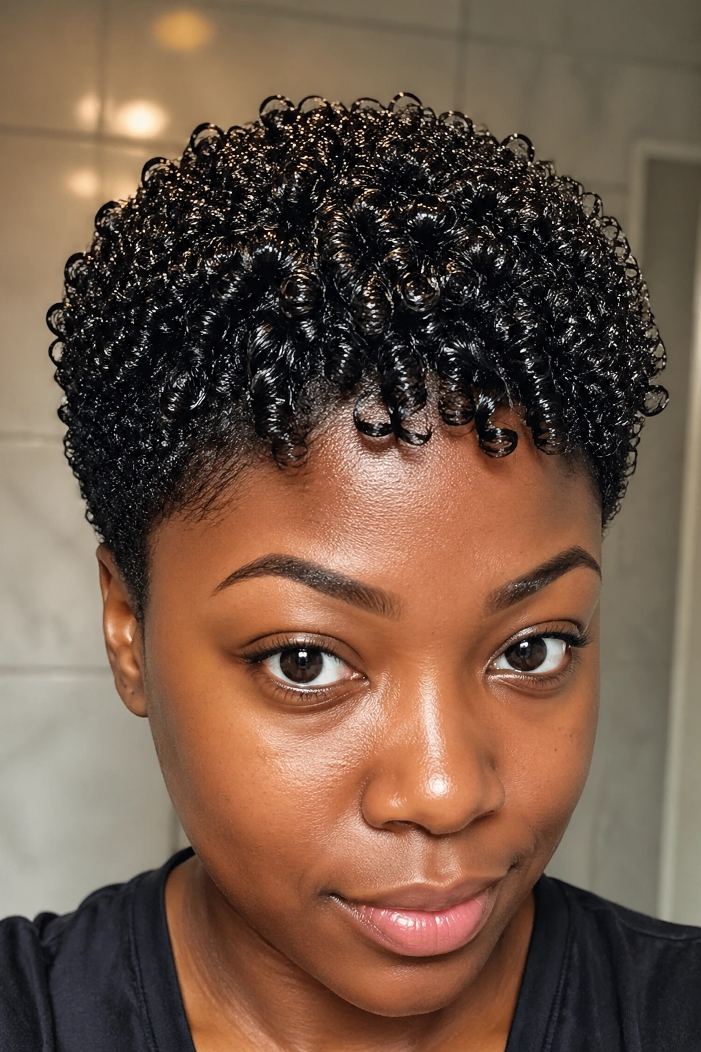 Front close-up of 4C short natural hair with moisture-rich glossy Jerry Curl coils.