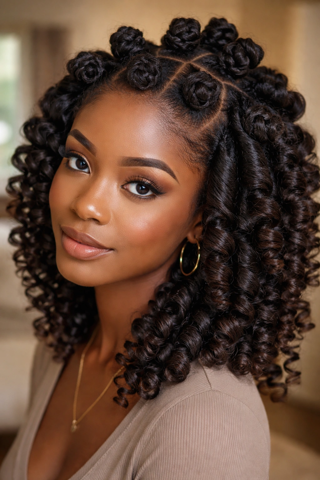 Close-up of a real person with bantu knot base and wand curls on 4C hair