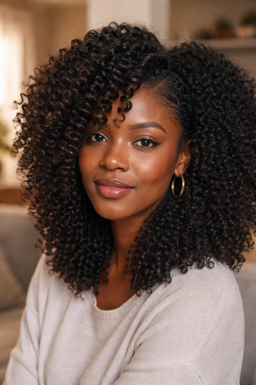 Close-up of a real person with mixed wand curled and natural texture hairstyle
