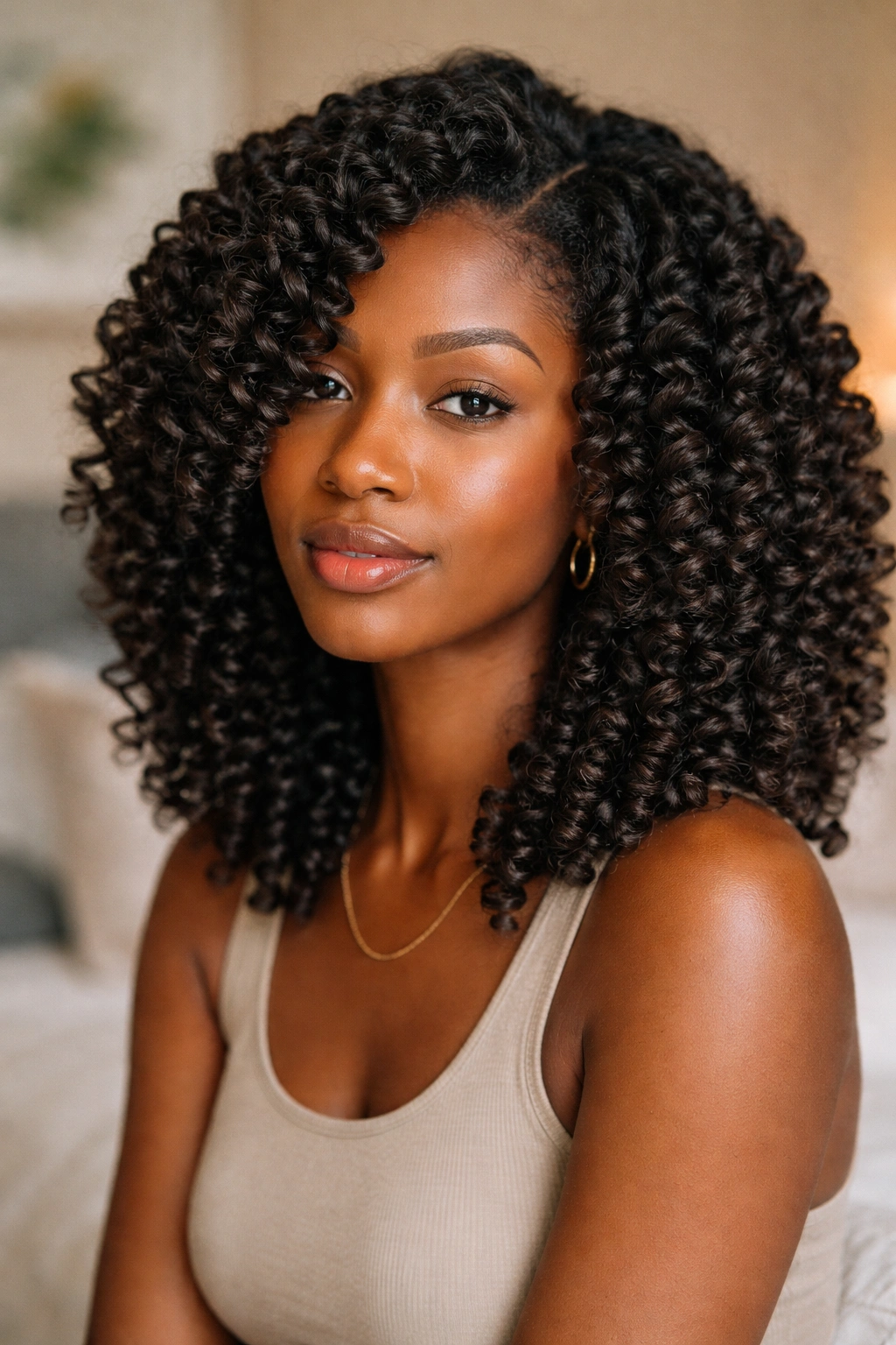 Close-up of a real person with protective wand curls in a calm bedroom