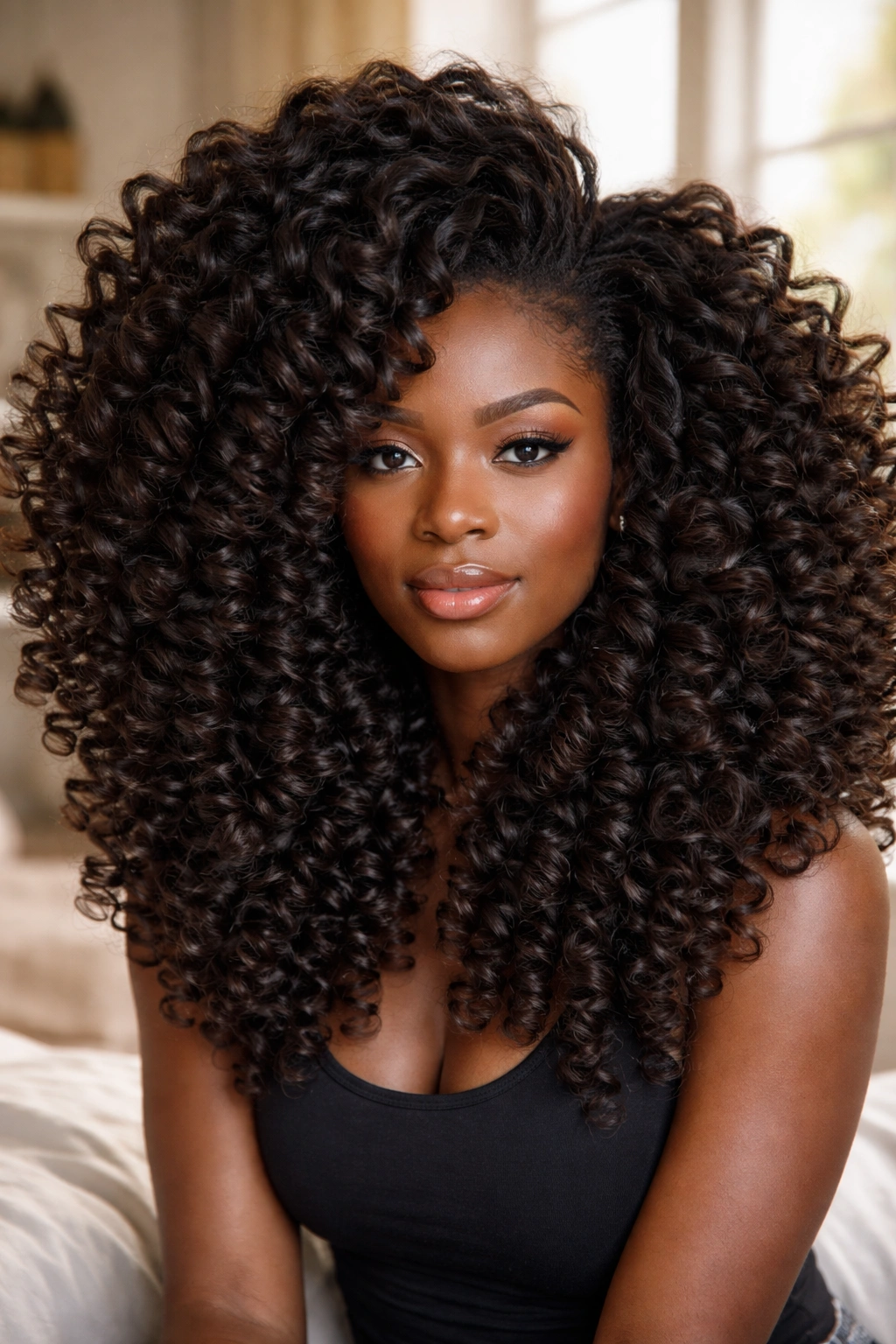 Close-up of a real person with big volume wand curls in a softly lit bedroom
