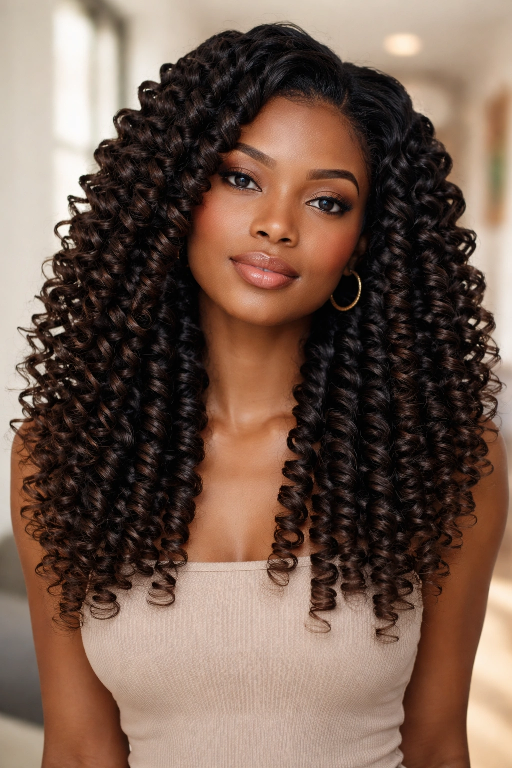 Close-up of a real person with elongated wand curls showing length