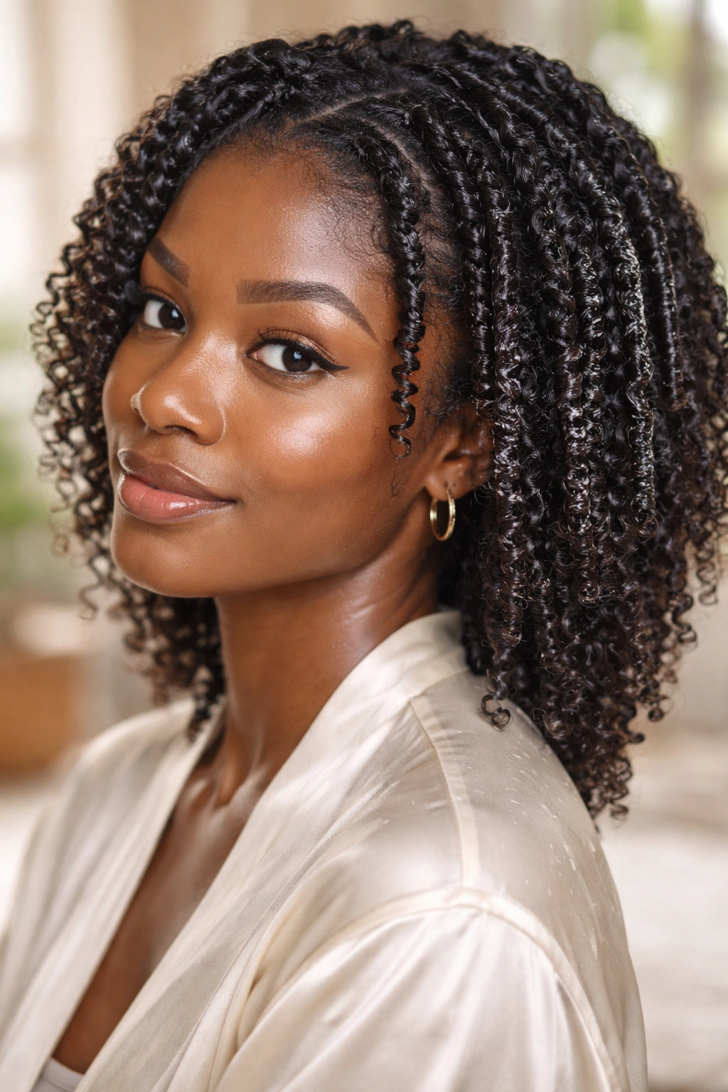 Close-up of a real woman with damp hair showing moisture layering for wand curls
