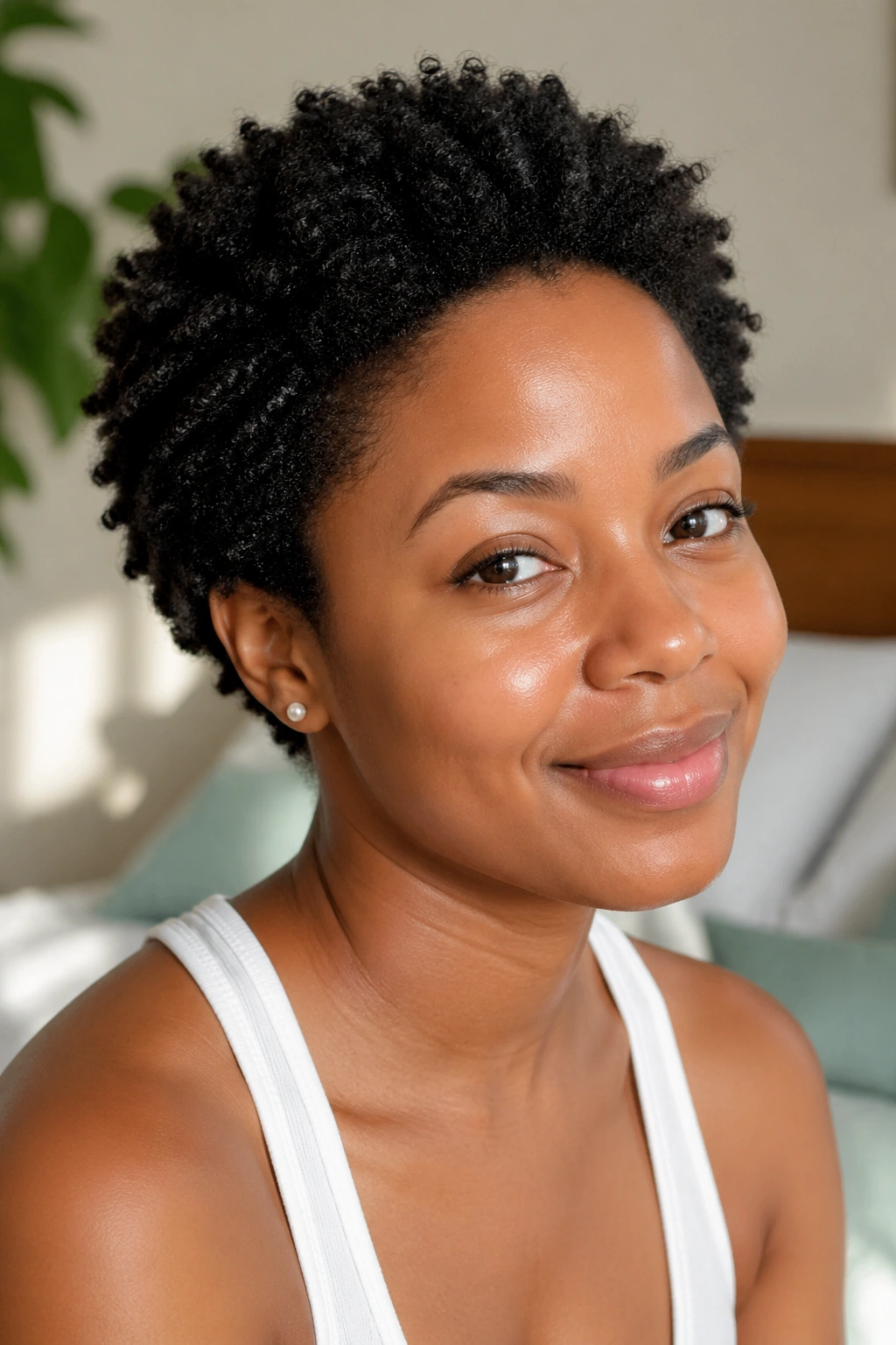 Portrait of a real woman with moisturized, short 4C hair in a cozy bedroom.