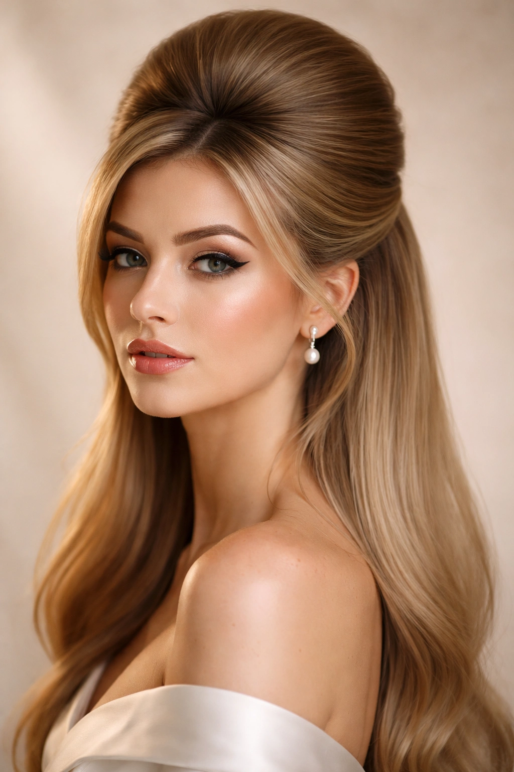 Close-up view of a modern vintage beehive with teased crown and sleek finish