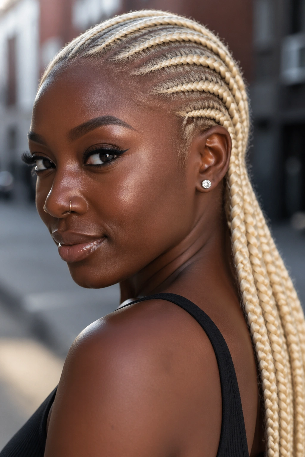 Portrait of a person with 613 platinum blonde hair against deep skin tone in natural light.