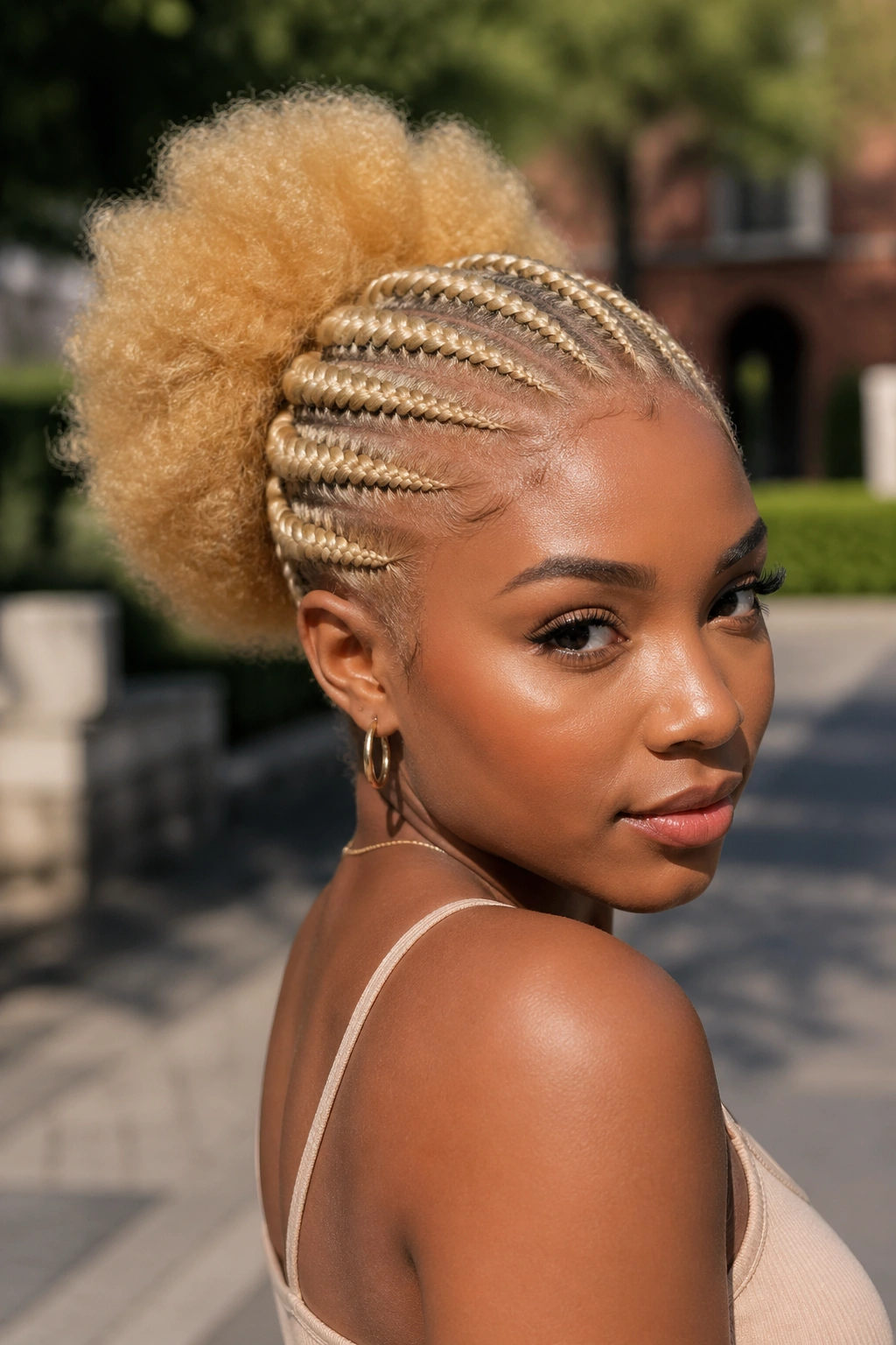 Medium-close portrait of a real woman with 613 cornrows and an afro puff back