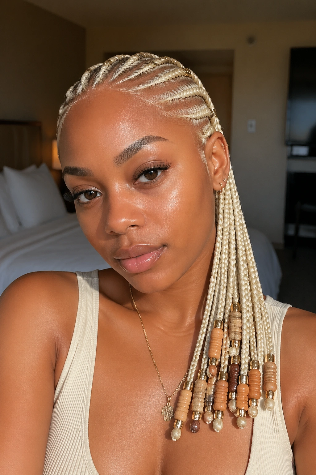 Close-up of 613 cornrows with beads at the tips on a real person