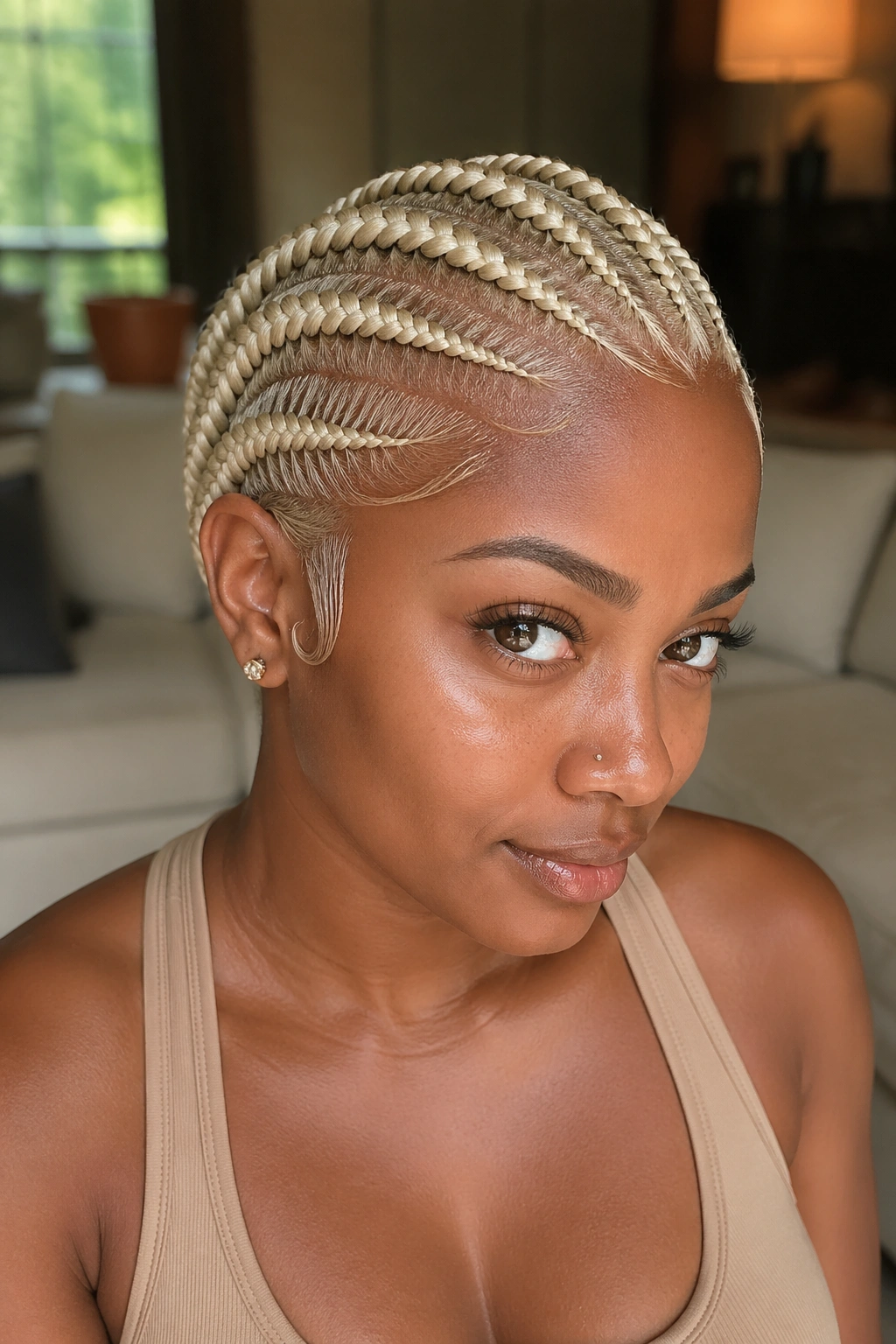 Close-up of a real woman with 613 blonde cornrows in a deep side part, dramatic platinum highlight