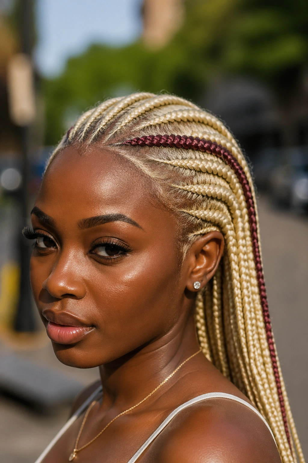 Close-up of 613 cornrows with color-block accent braids