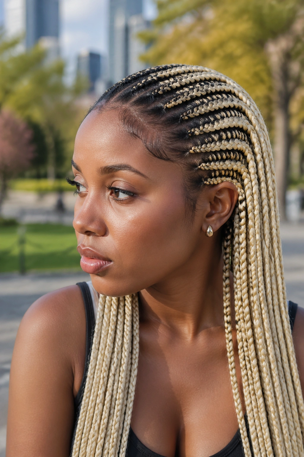 Close-up of 613 cornrows with dark root shadow on real person