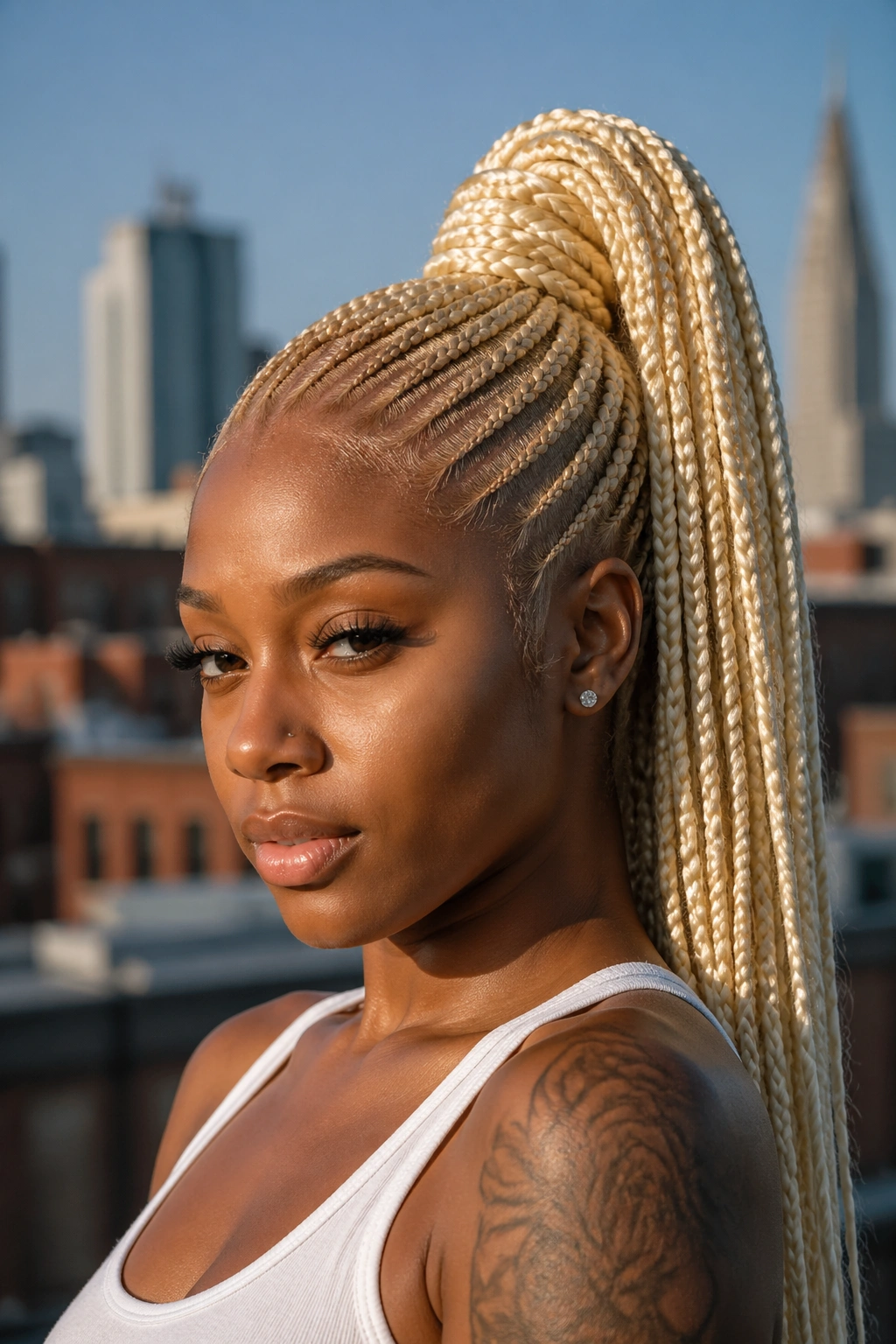 Close-up of a real woman with high ponytail made from 613 cornrows