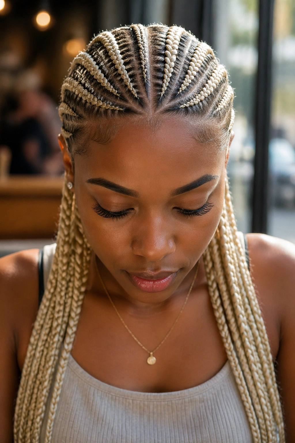 Close-up of a real woman with symmetrical 613 cornrows along a middle part
