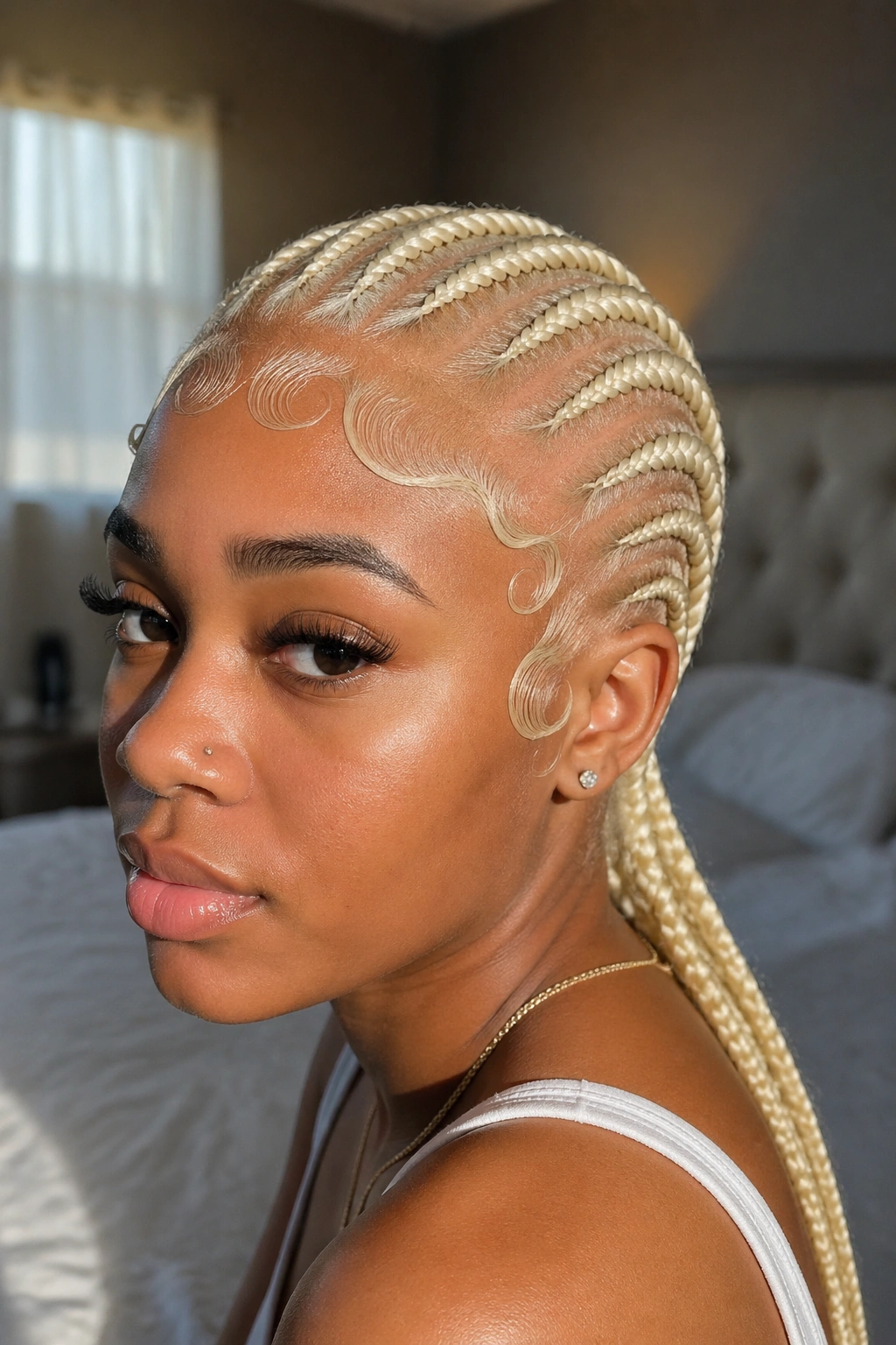 Close-up portrait of a real woman with 613 cornrows and sculpted edges along hairline