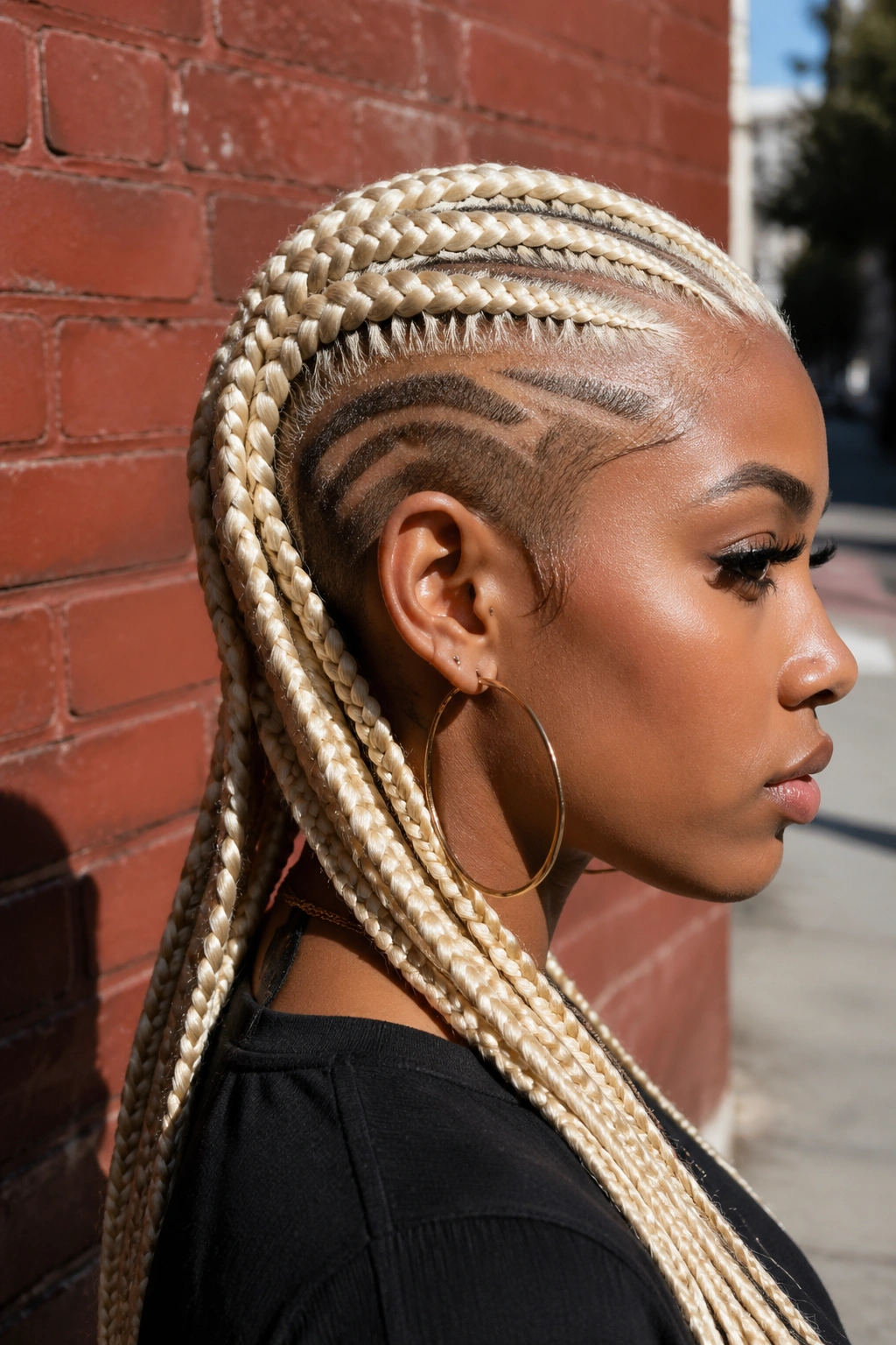 Side-profile of a real person with top 613 cornrows and a shaved side design