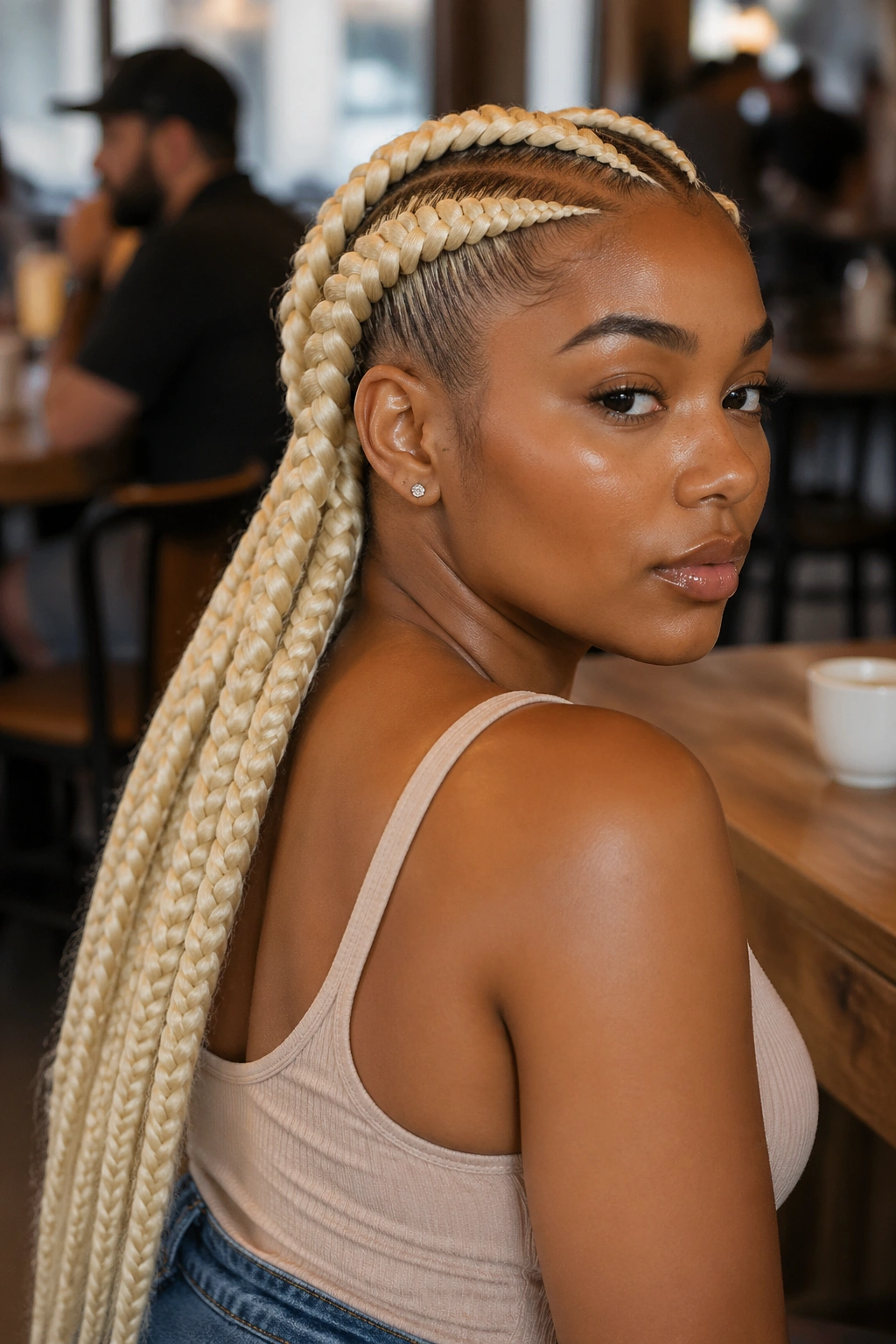 Three-quarter portrait highlighting jumbo 613 cornrows cascading down the back