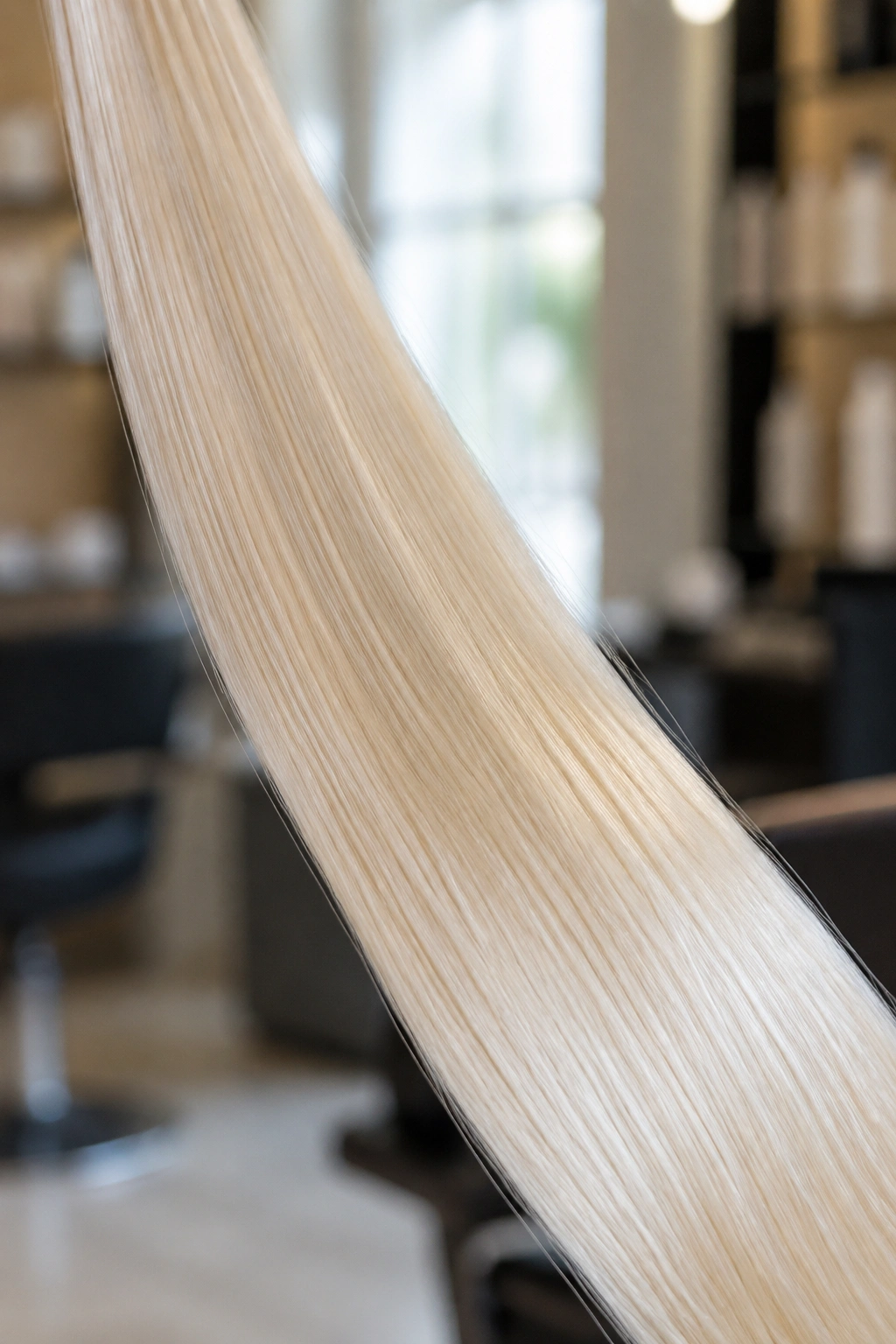 Close-up of a single platinum blonde hair strand with warm undertones (613).