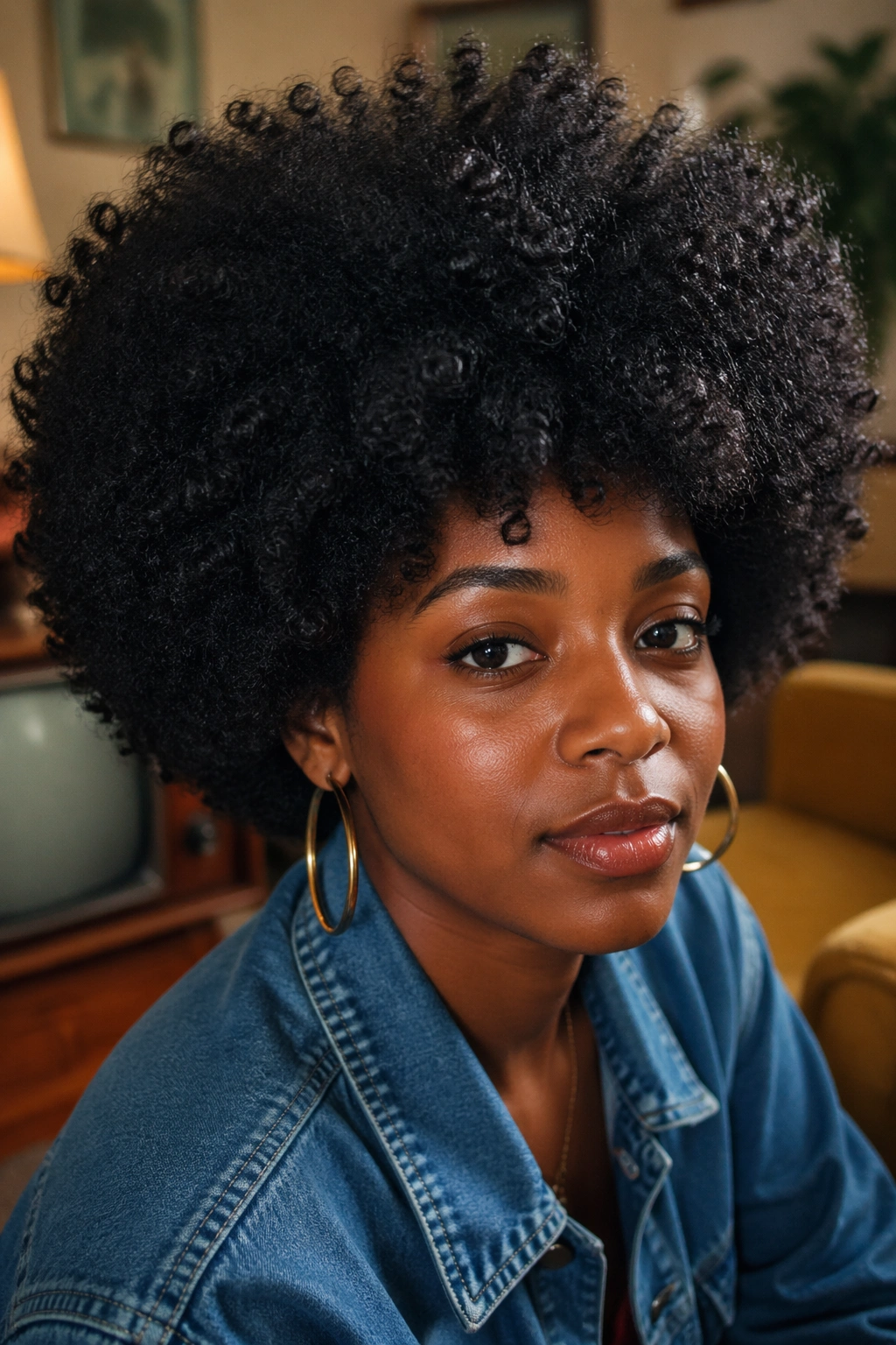 Close-up portrait of a Black woman with a large 90s Afro in a retro living room.
