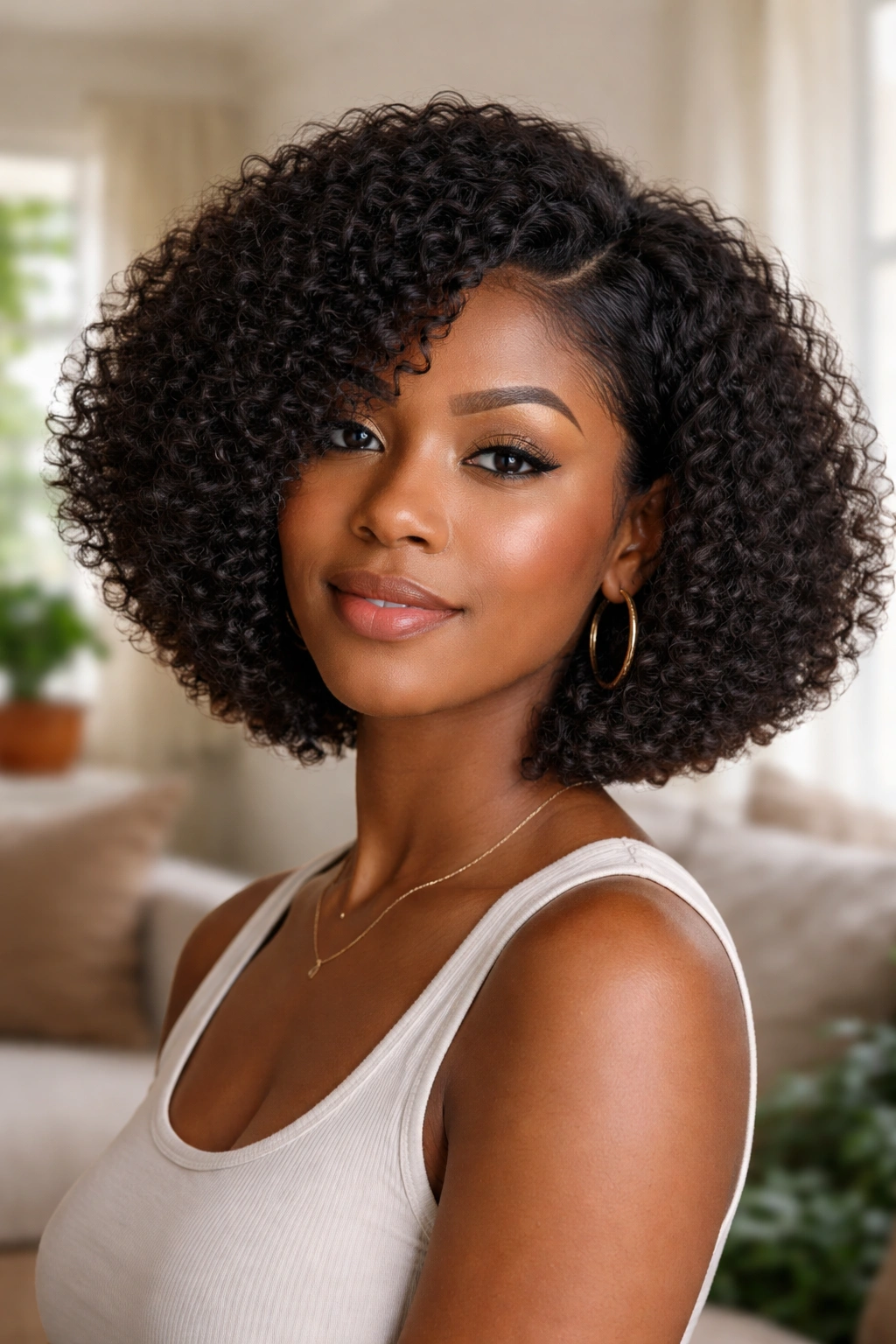 Portrait of a person with an A-line afro bob