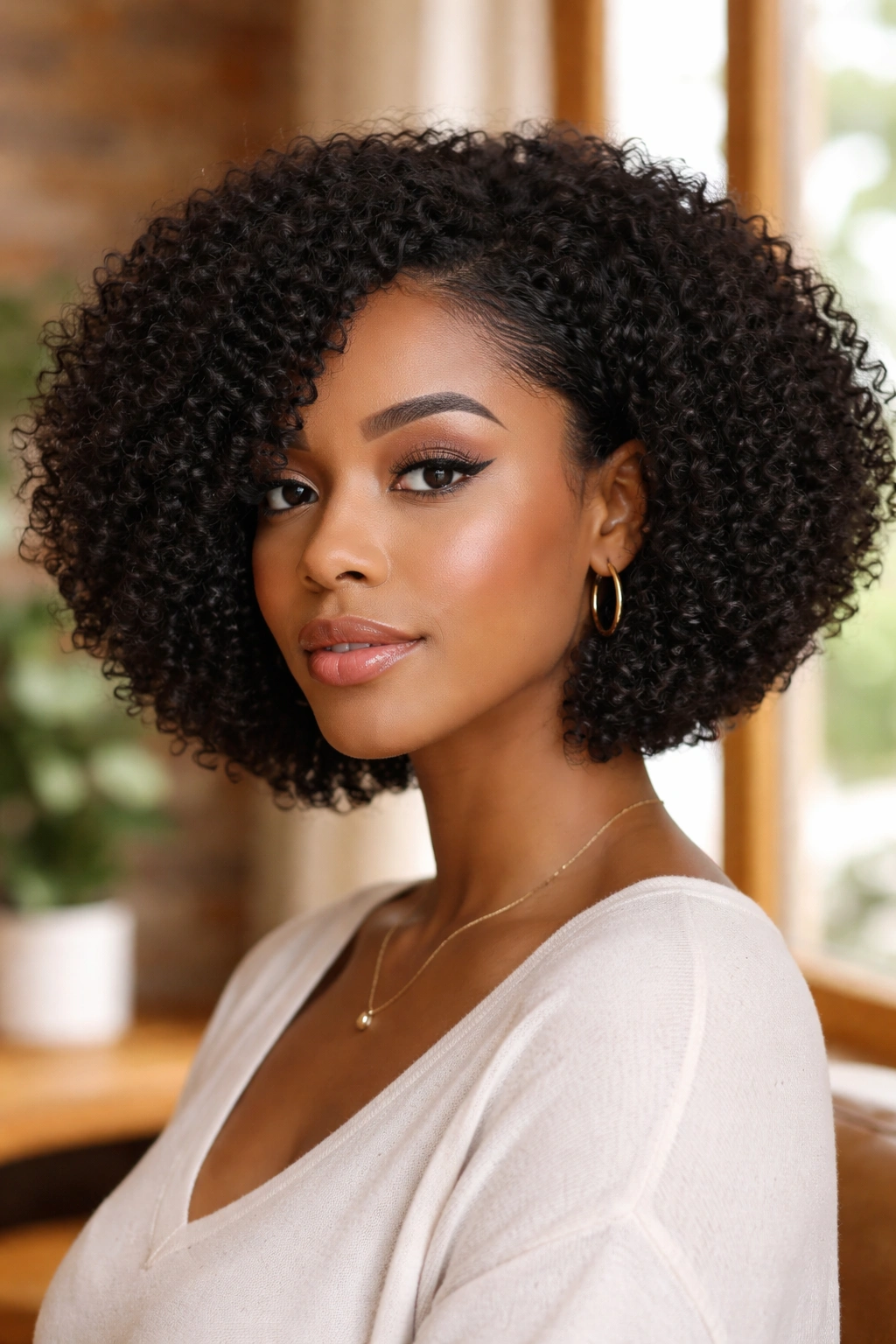 Portrait of woman with A-line afro bob