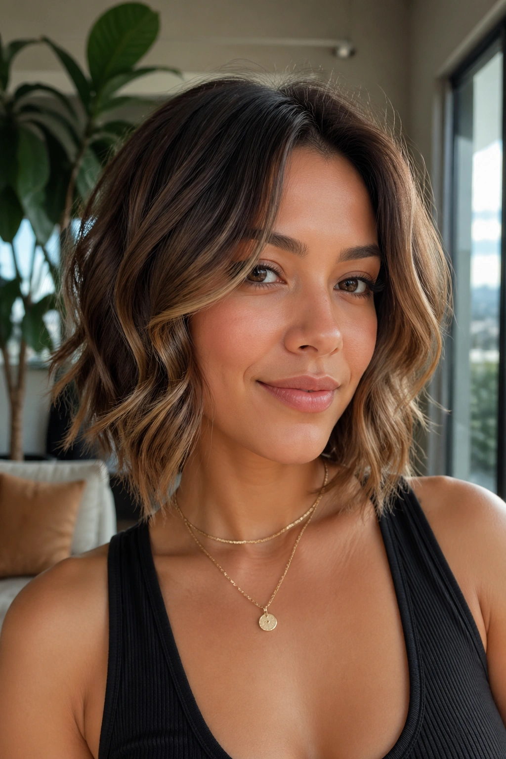 Close-up of real woman with A-line bob and face-framing waves