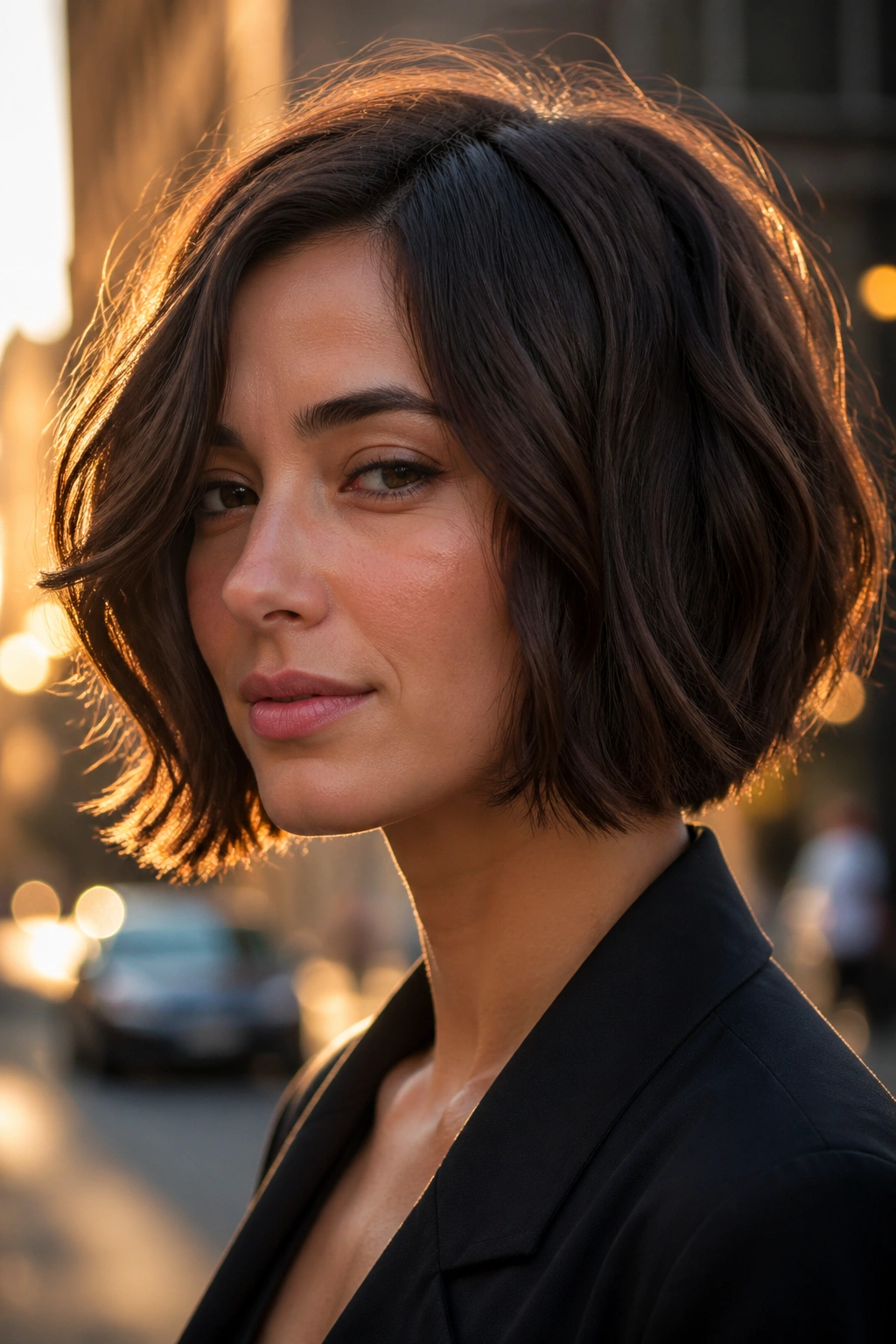 Portrait of a woman with an A-line bob grazing the jaw