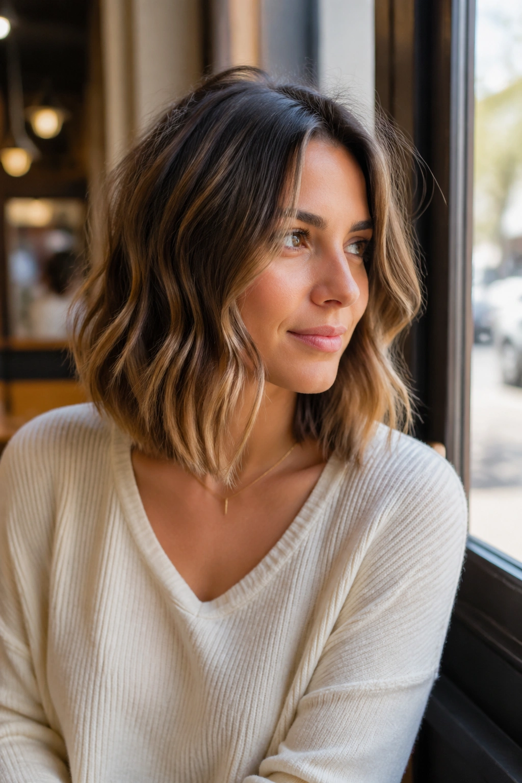 Close-up portrait of a real woman with an A-line lob showing shorter back and longer front