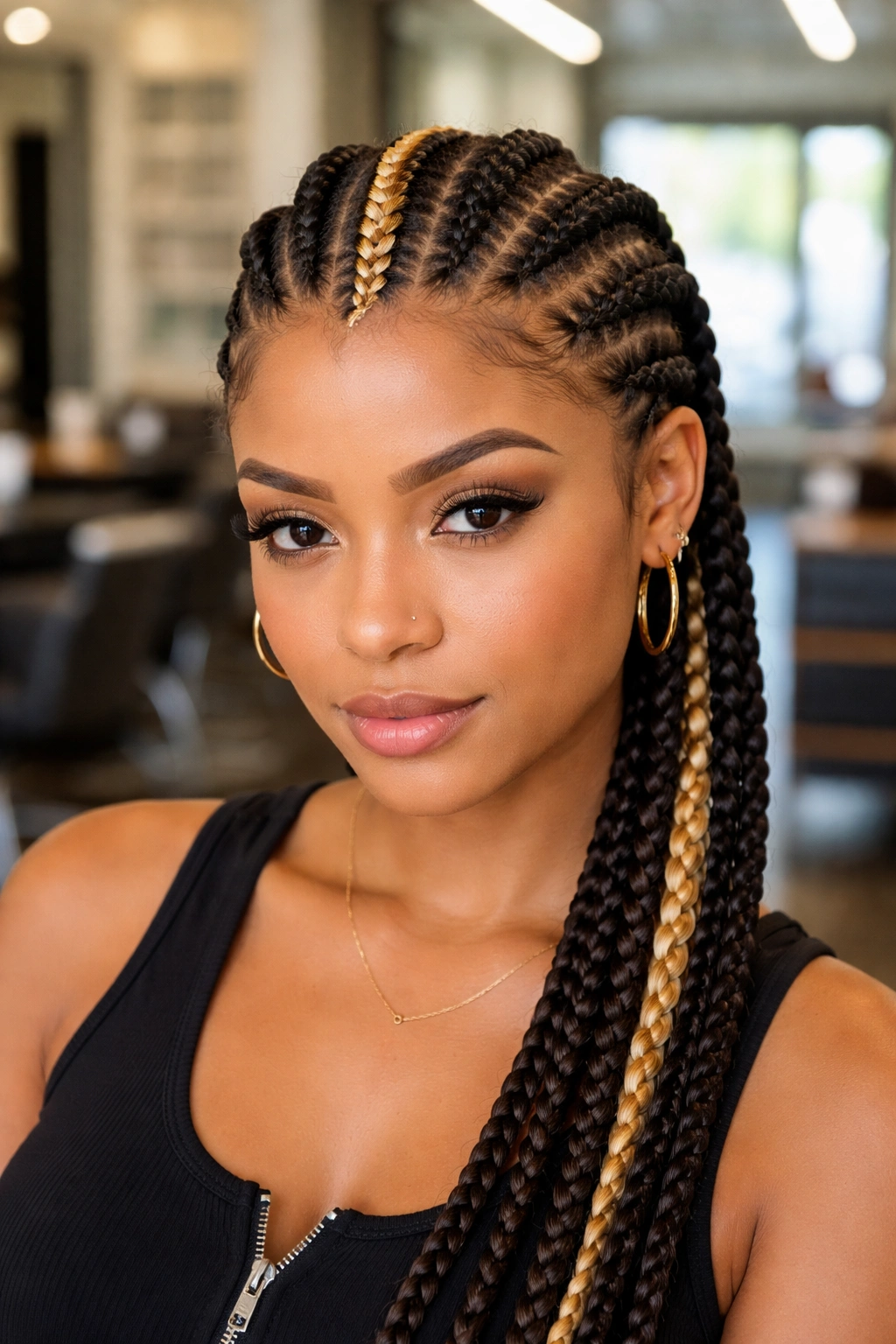 Close-up of six cornrows with a single accent braid on a real person