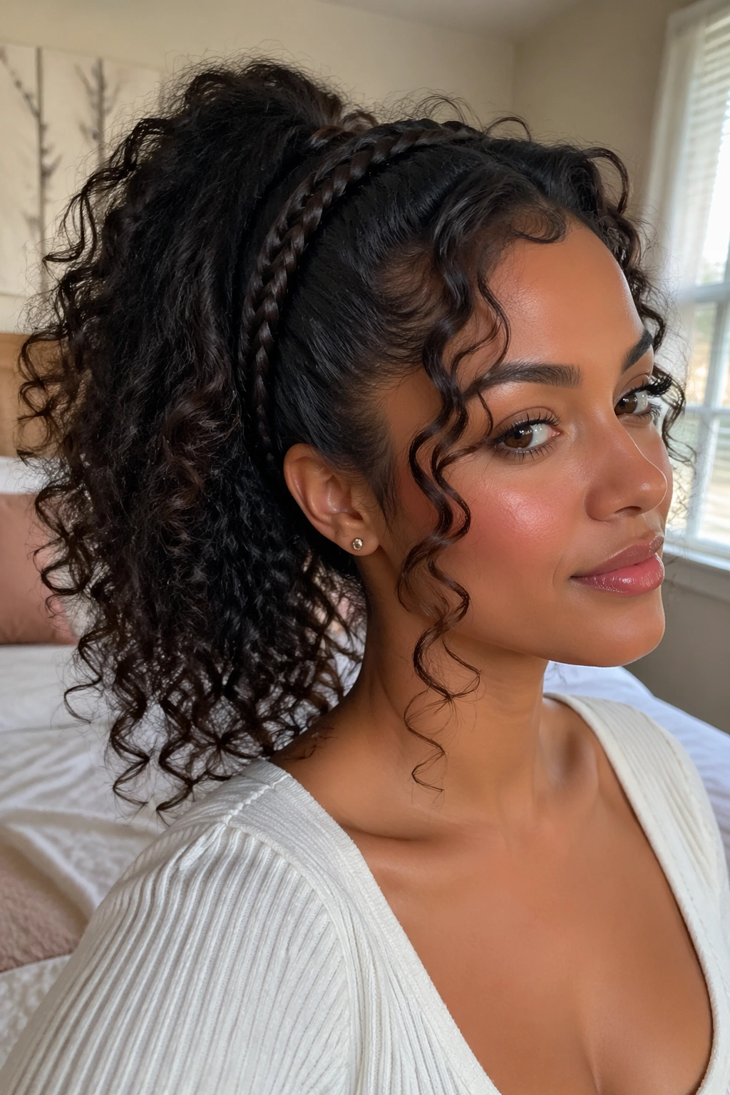 Close-up real woman with accent braid in a faux ponytail