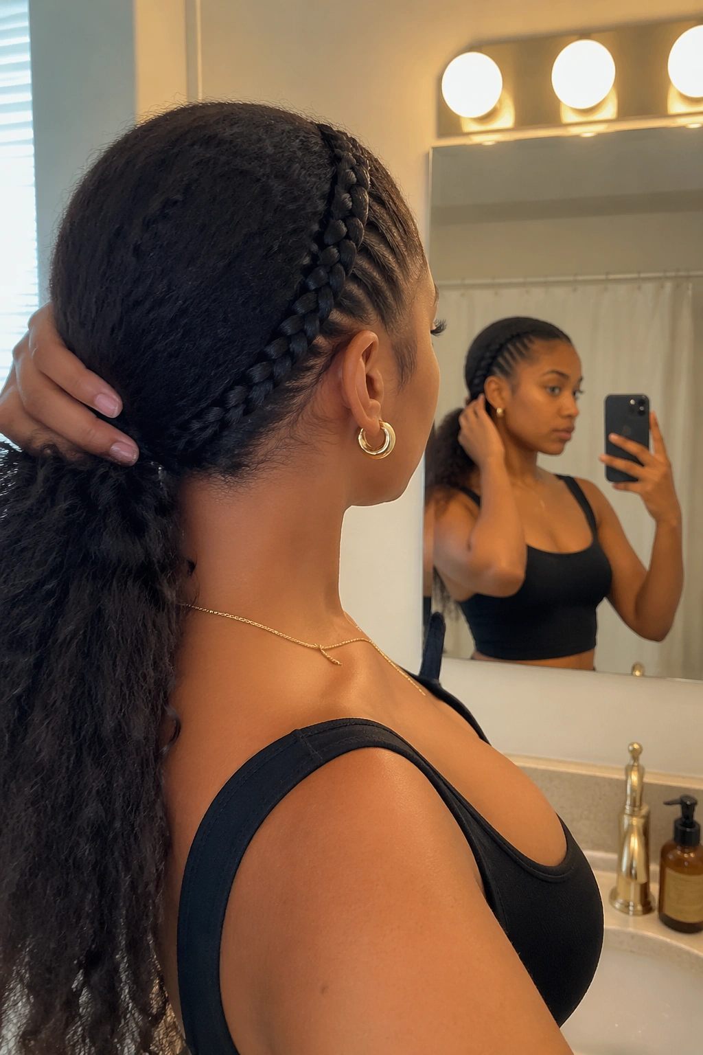 Over-the-shoulder view showing feed-in accent braid into low ponytail.