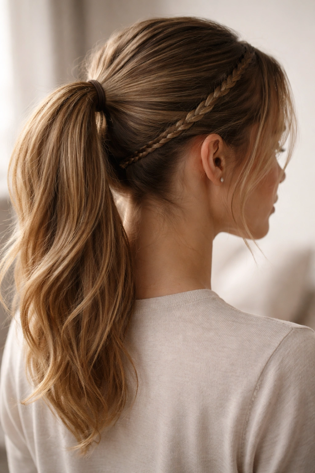 Close-up of mid ponytail with a single accent braid on one side.