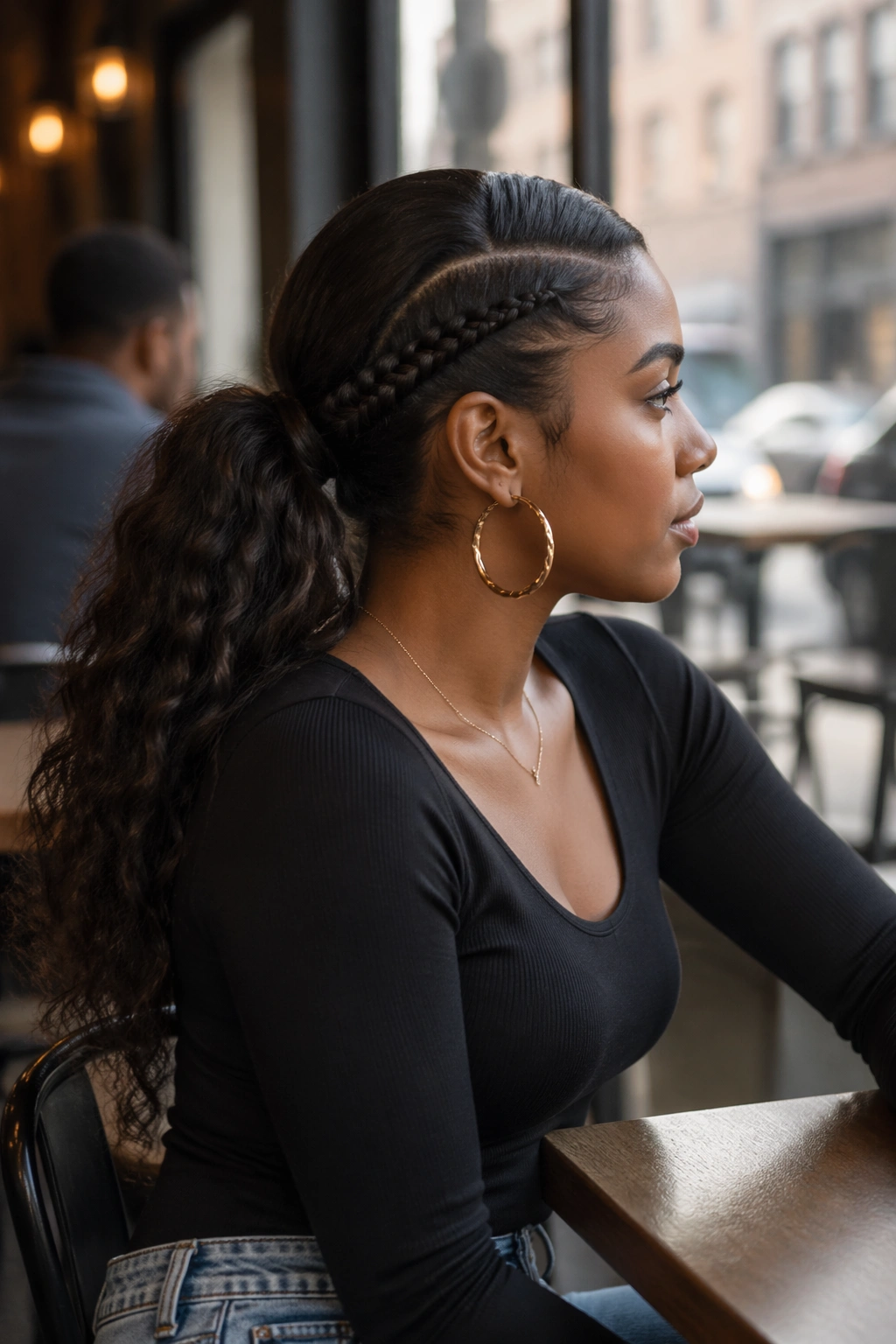 Side profile with accent braid into ponytail in cafe.