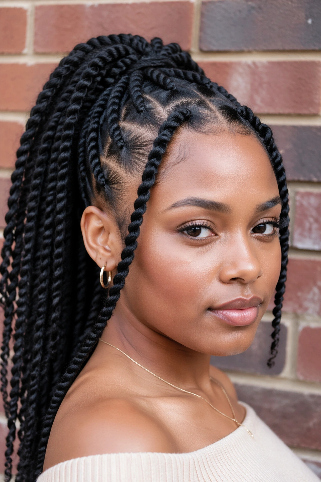 Close-up of accent-braid ponytail with chunky twist lengths on a real person